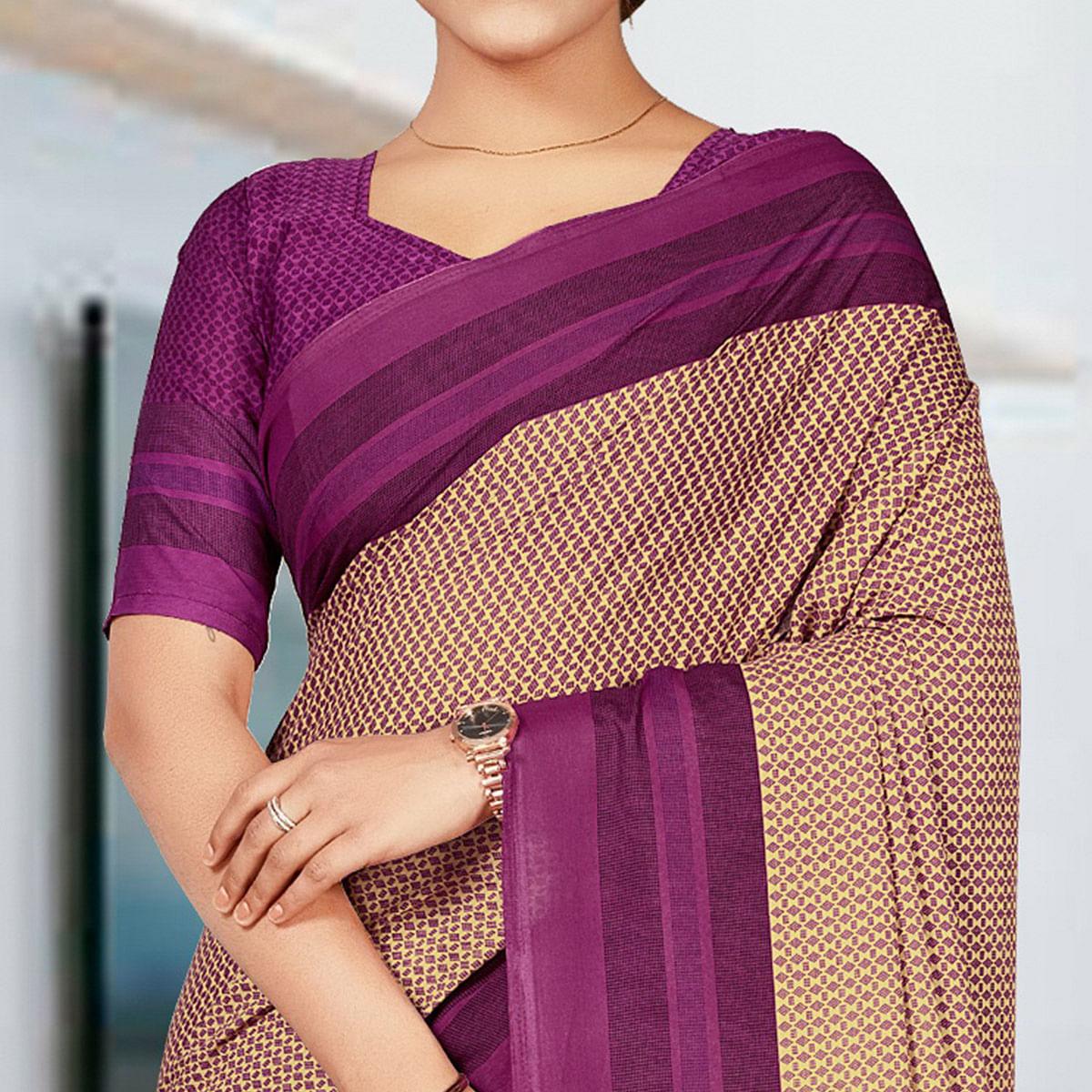 Cream Casual Wear Printed Crepe Saree - Peachmode