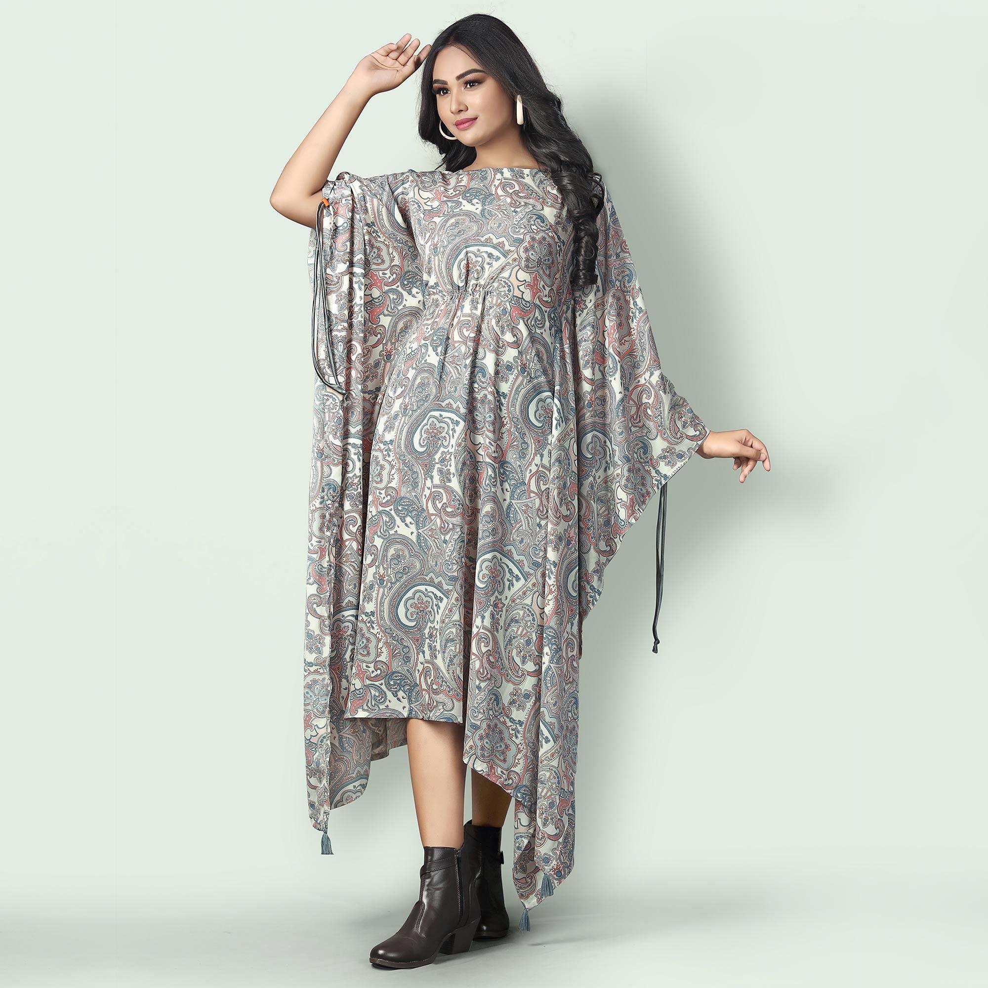 Cream Casual Wear Printed Georgette Kaftan Kurti - Peachmode