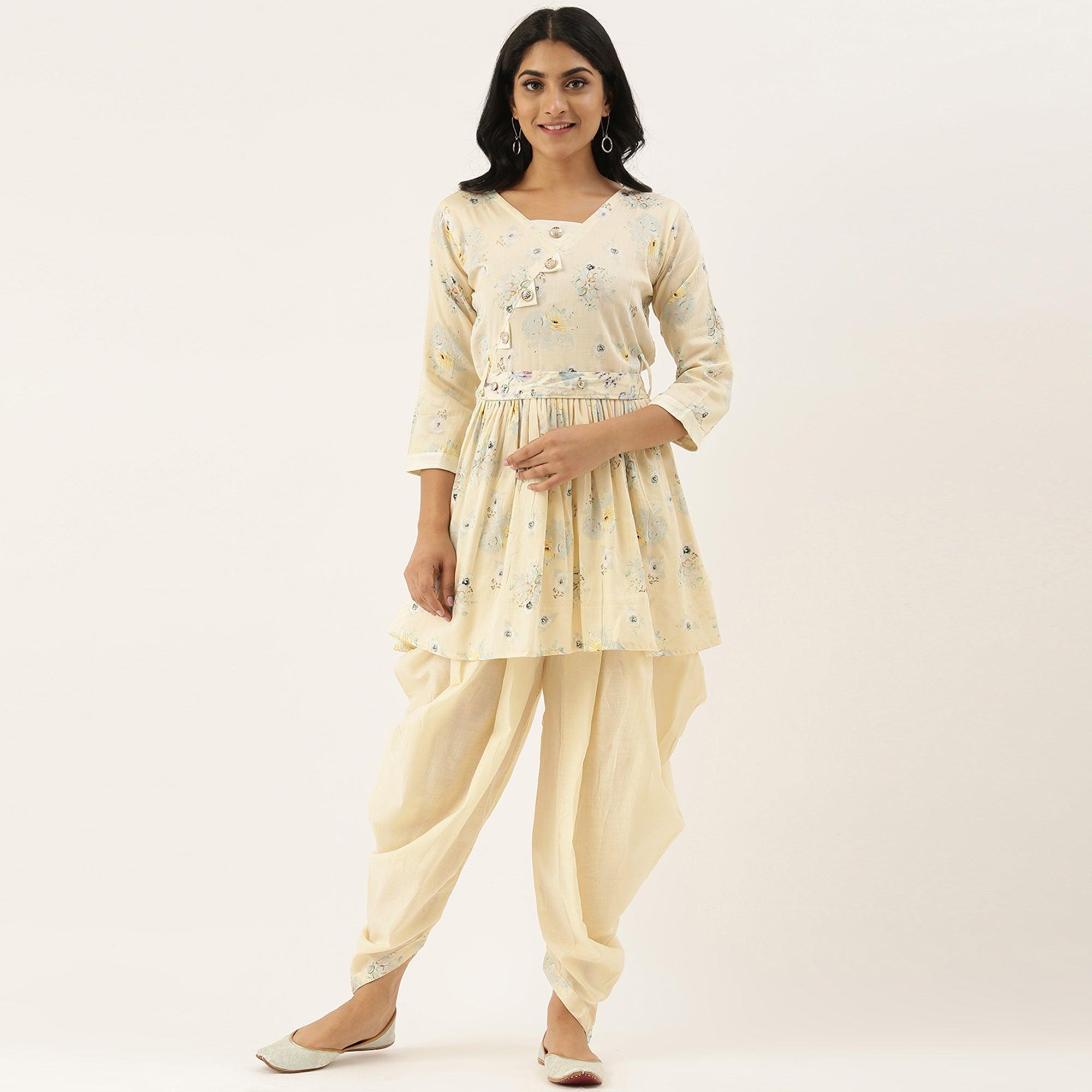 Cream Casual Wear Printed Pure Cotton Kurti With Dhoti Set - Peachmode