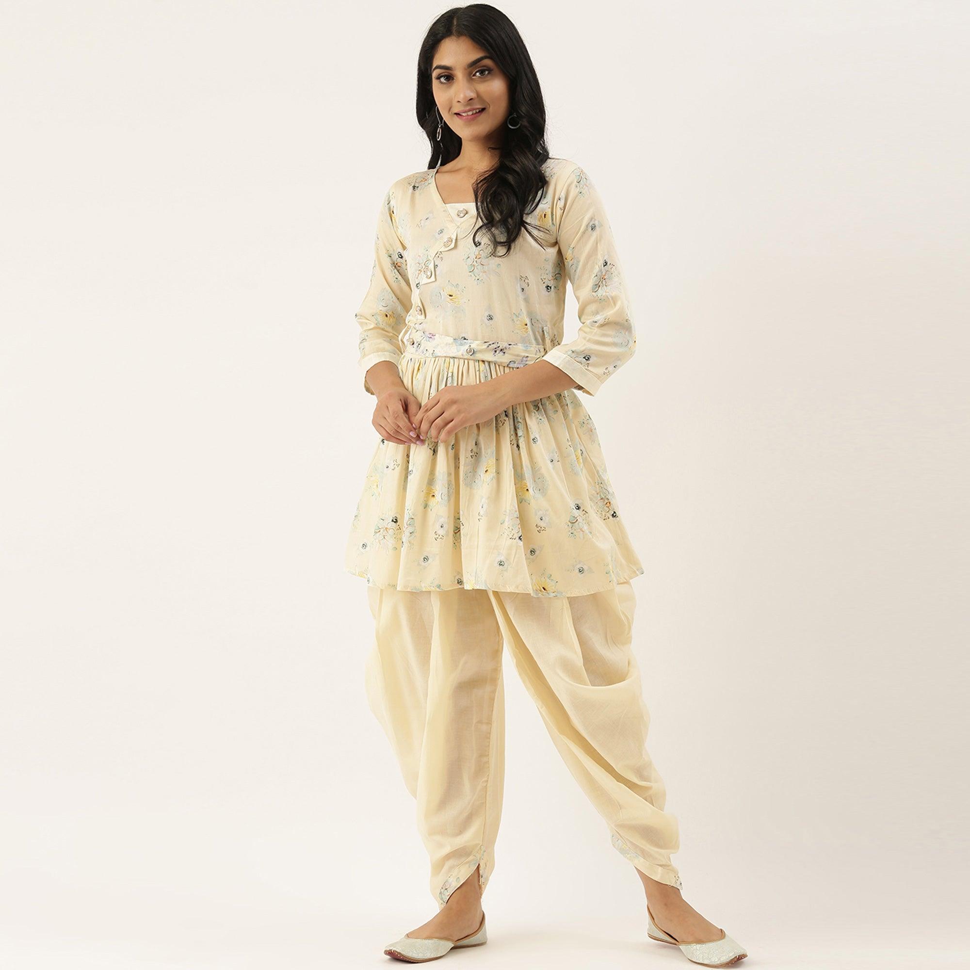 Cream Casual Wear Printed Pure Cotton Kurti With Dhoti Set - Peachmode