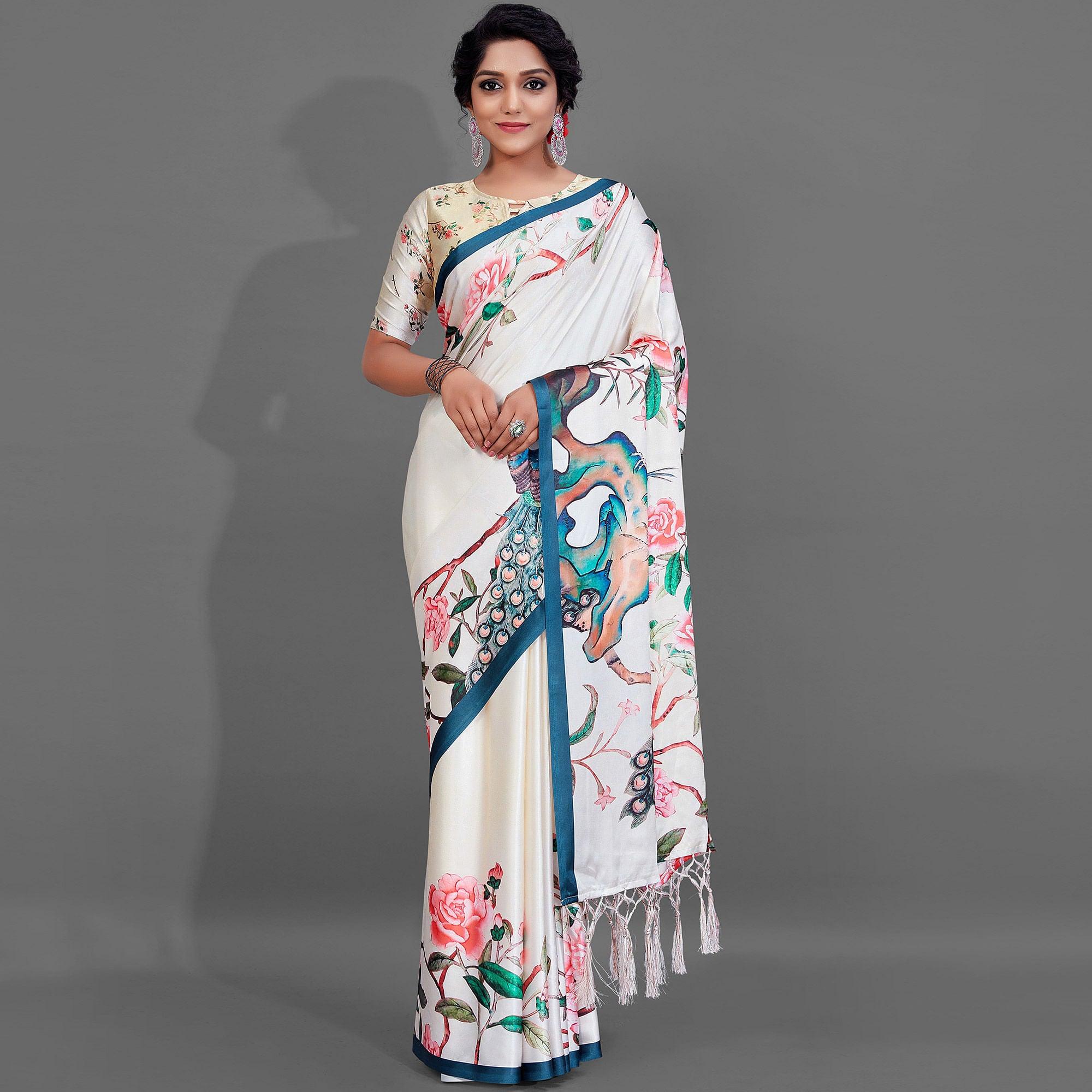 Cream Casual Wear Printed Satin Silk Saree - Peachmode