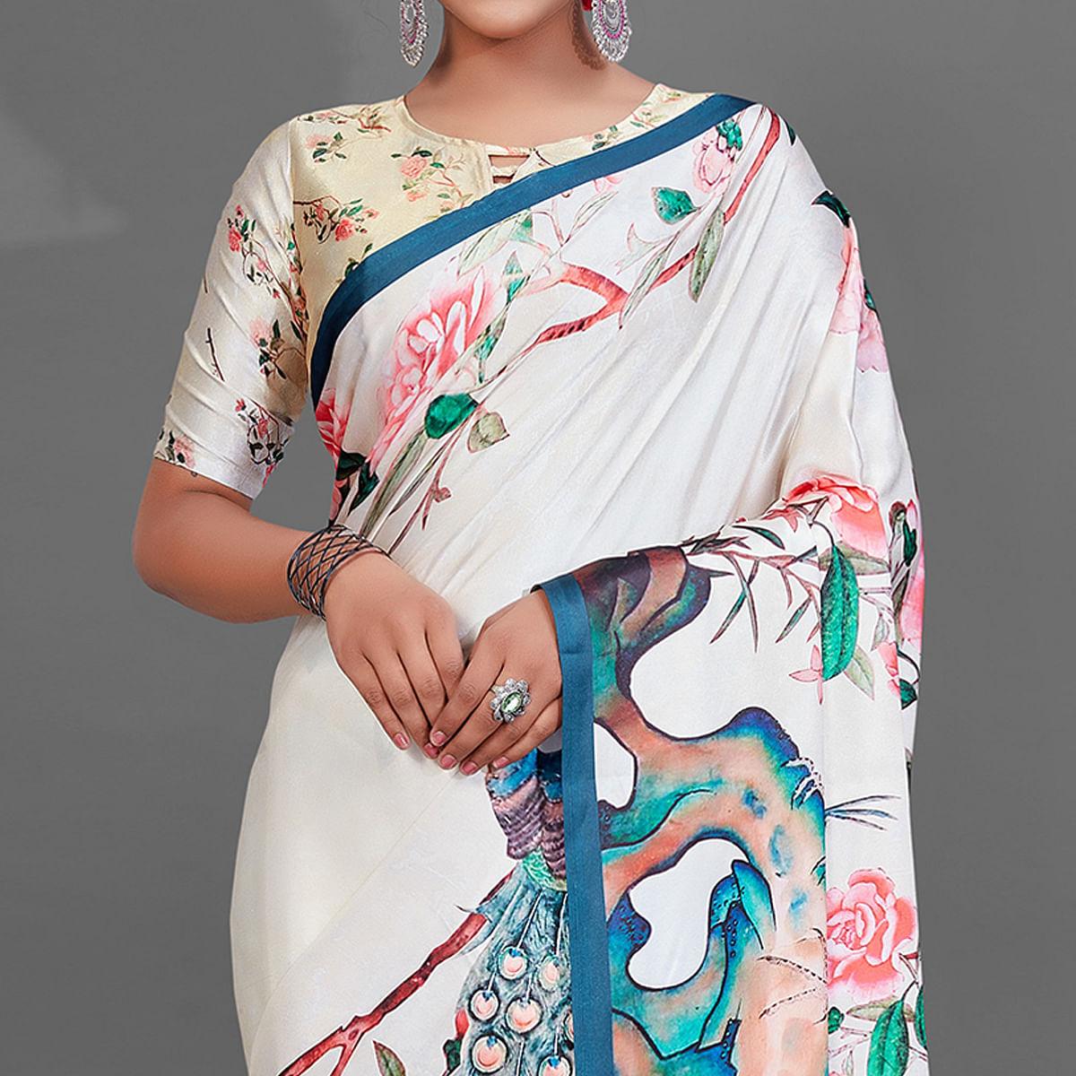 Cream Casual Wear Printed Satin Silk Saree - Peachmode