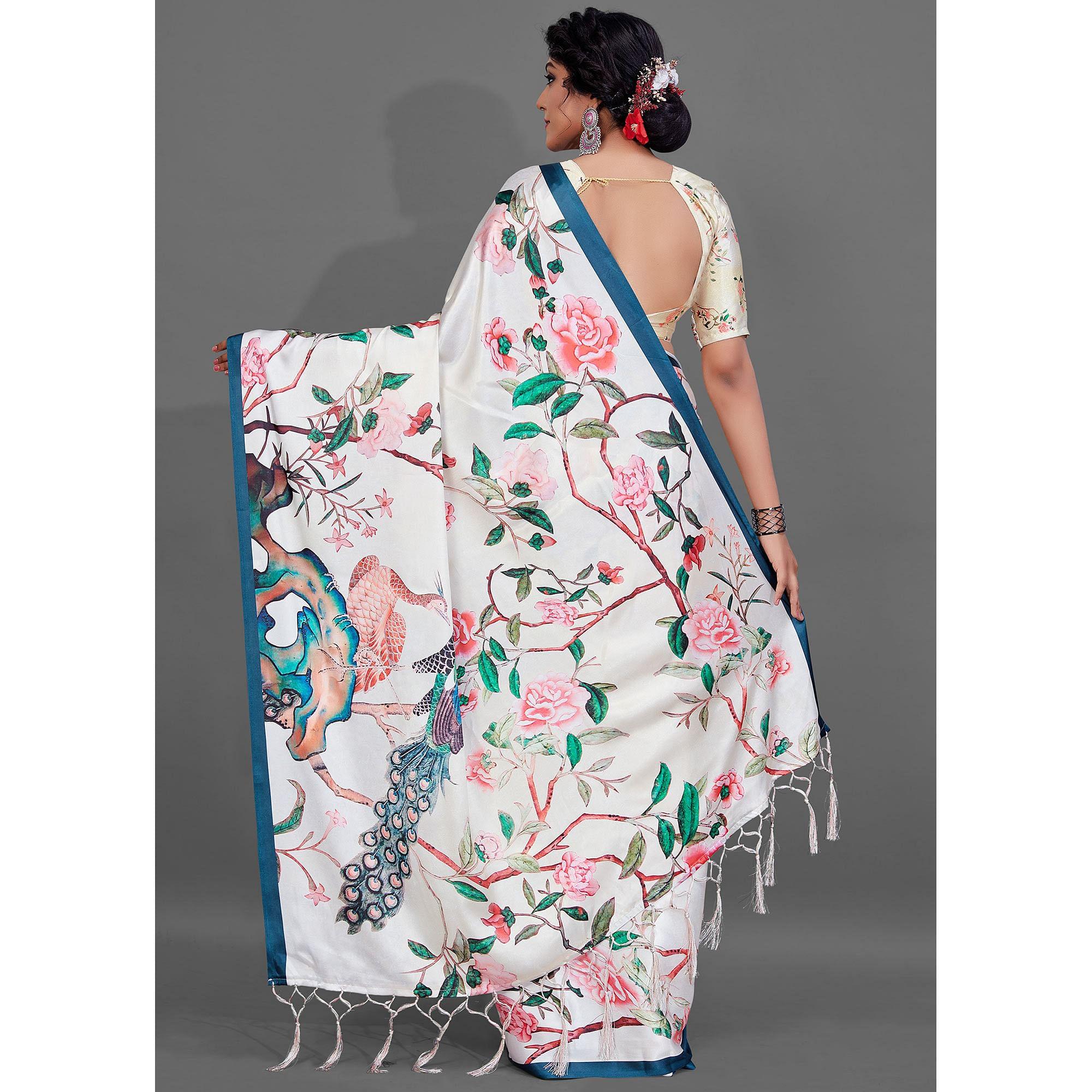Cream Casual Wear Printed Satin Silk Saree - Peachmode