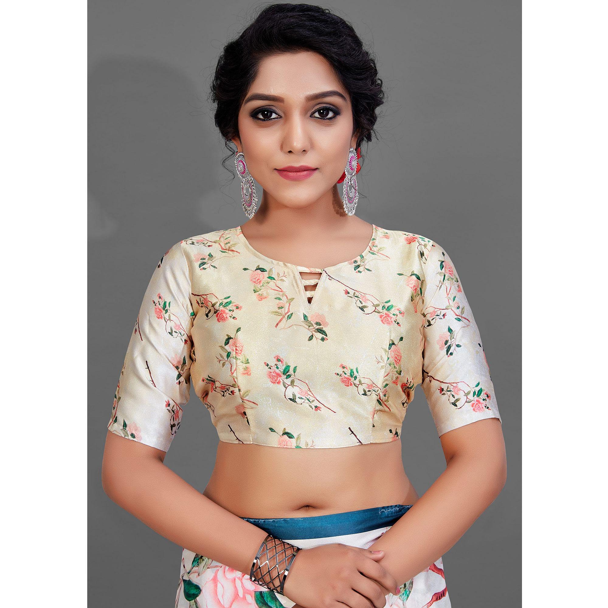 Cream Casual Wear Printed Satin Silk Saree - Peachmode
