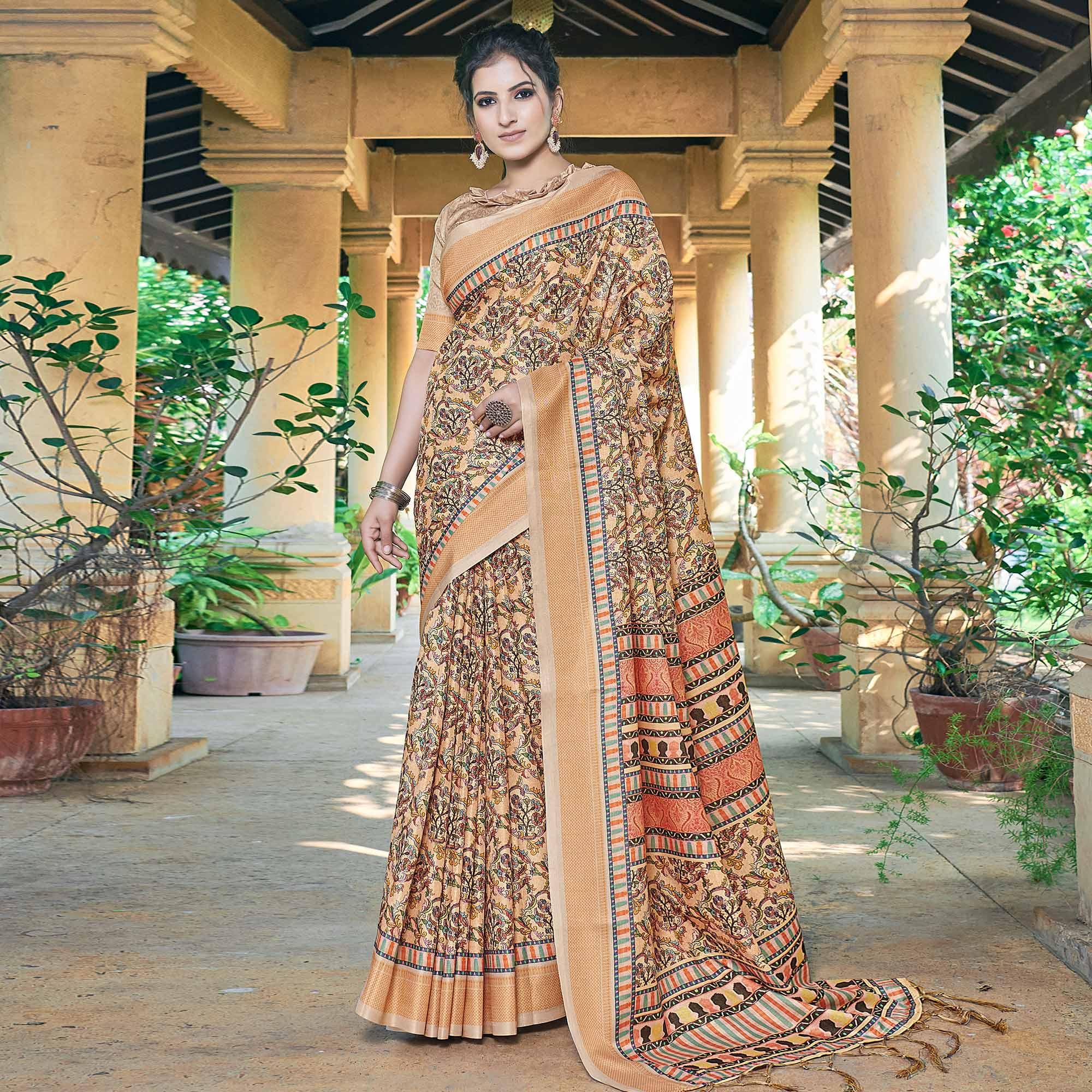 Cream Casual Wear Printed Silk Saree - Peachmode