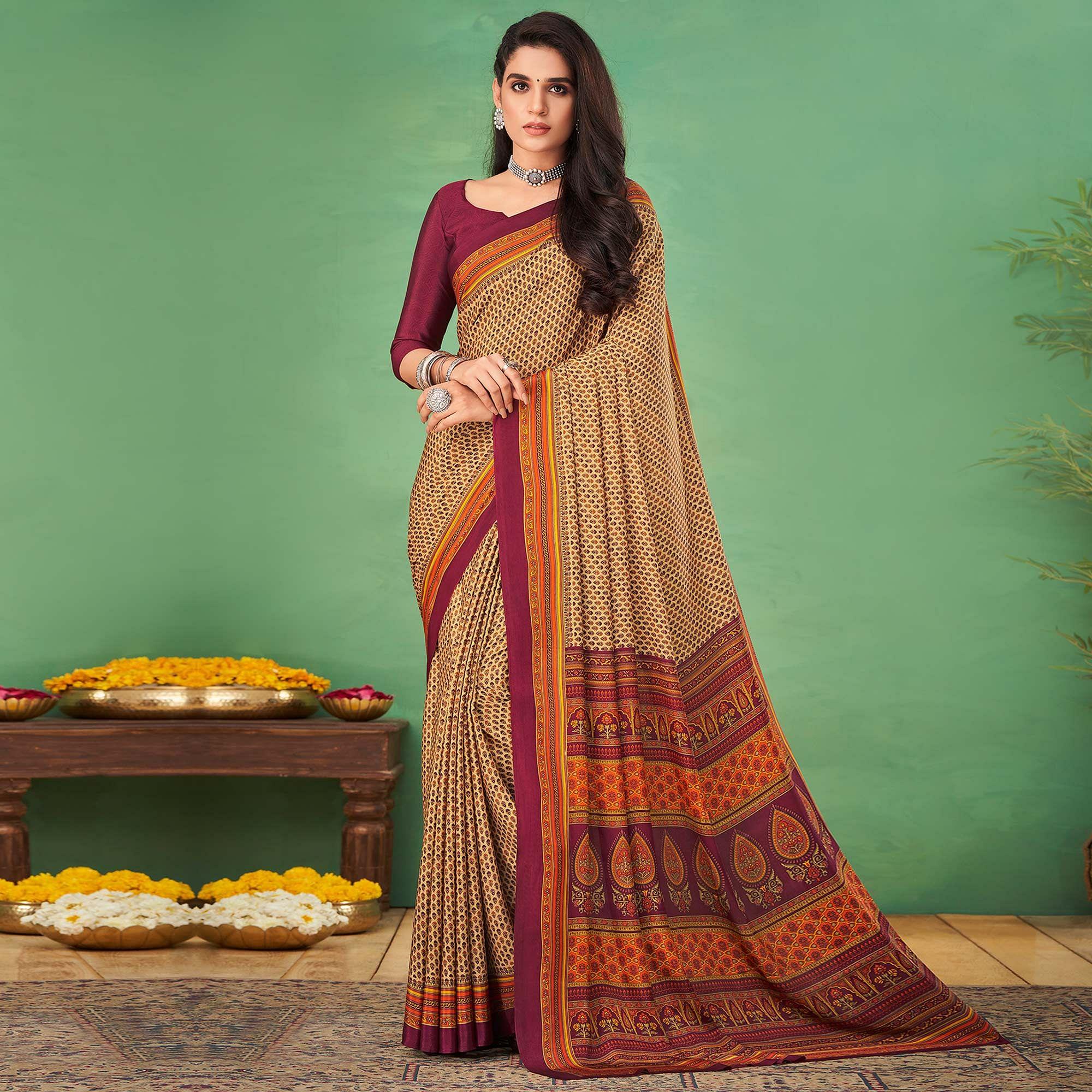 Cream Casual Wear Printed Silk Saree - Peachmode