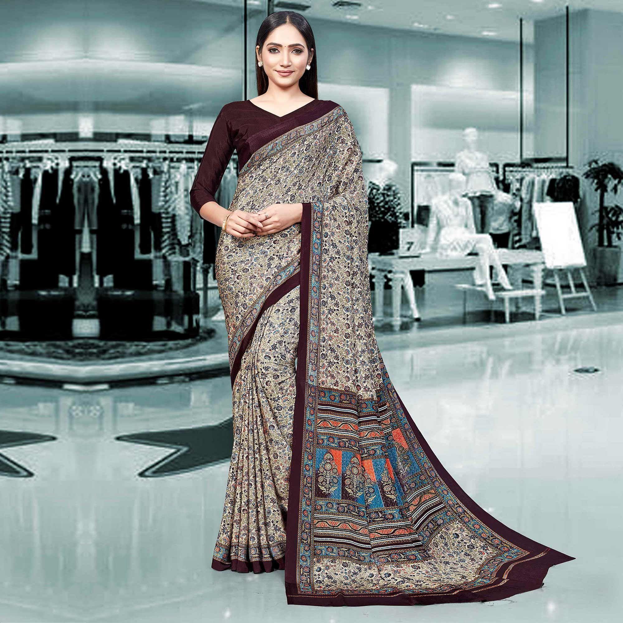 Cream Casual Wear Printed Silk Saree - Peachmode