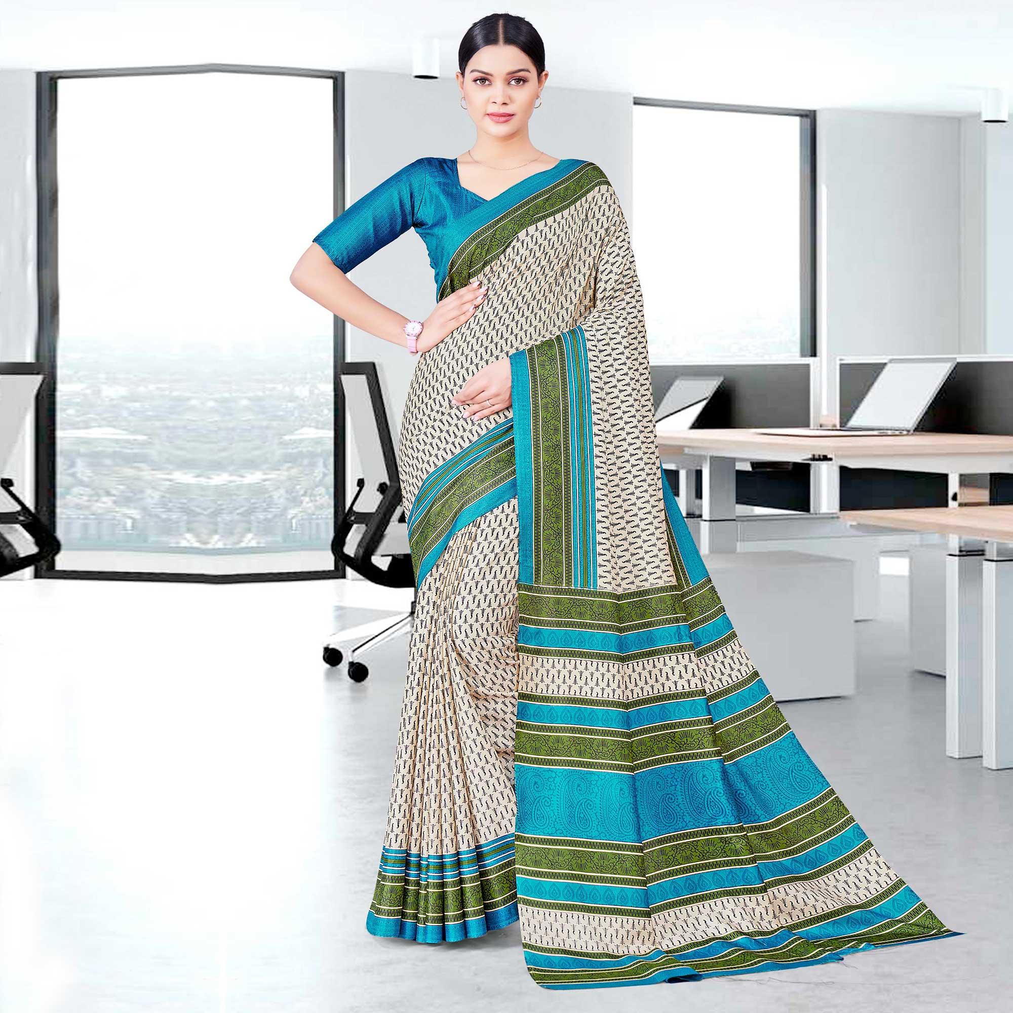 Cream Casual Wear Printed Silk Saree - Peachmode
