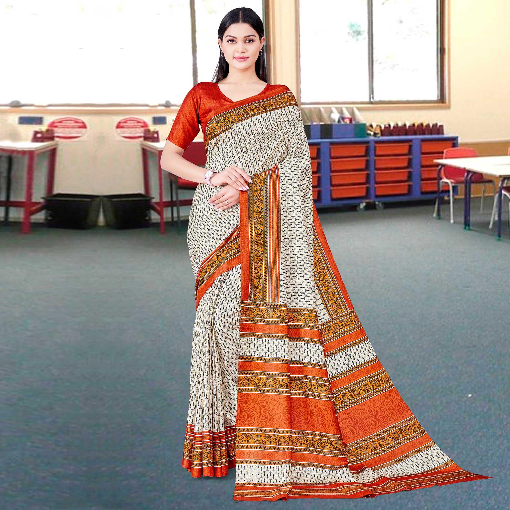 Cream Casual Wear Printed Silk Saree - Peachmode