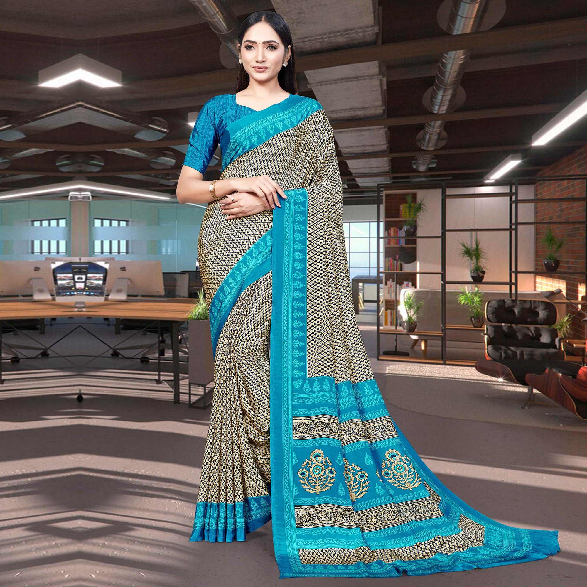 Cream Casual Wear Printed Silk Saree - Peachmode