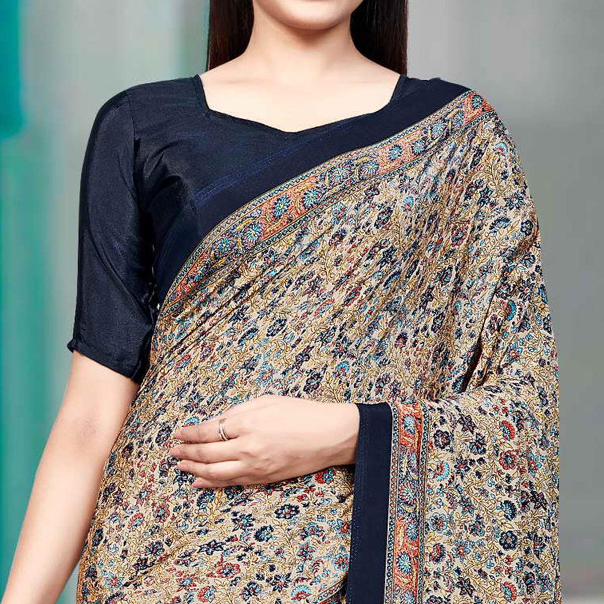 Cream Casual Wear Printed Silk Saree - Peachmode