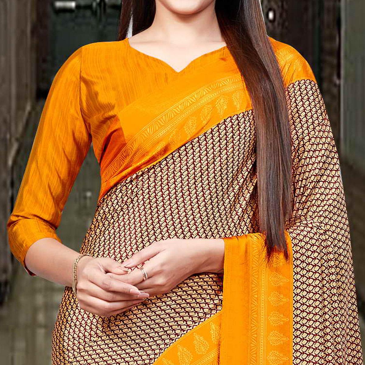 Cream Casual Wear Printed Silk Saree - Peachmode