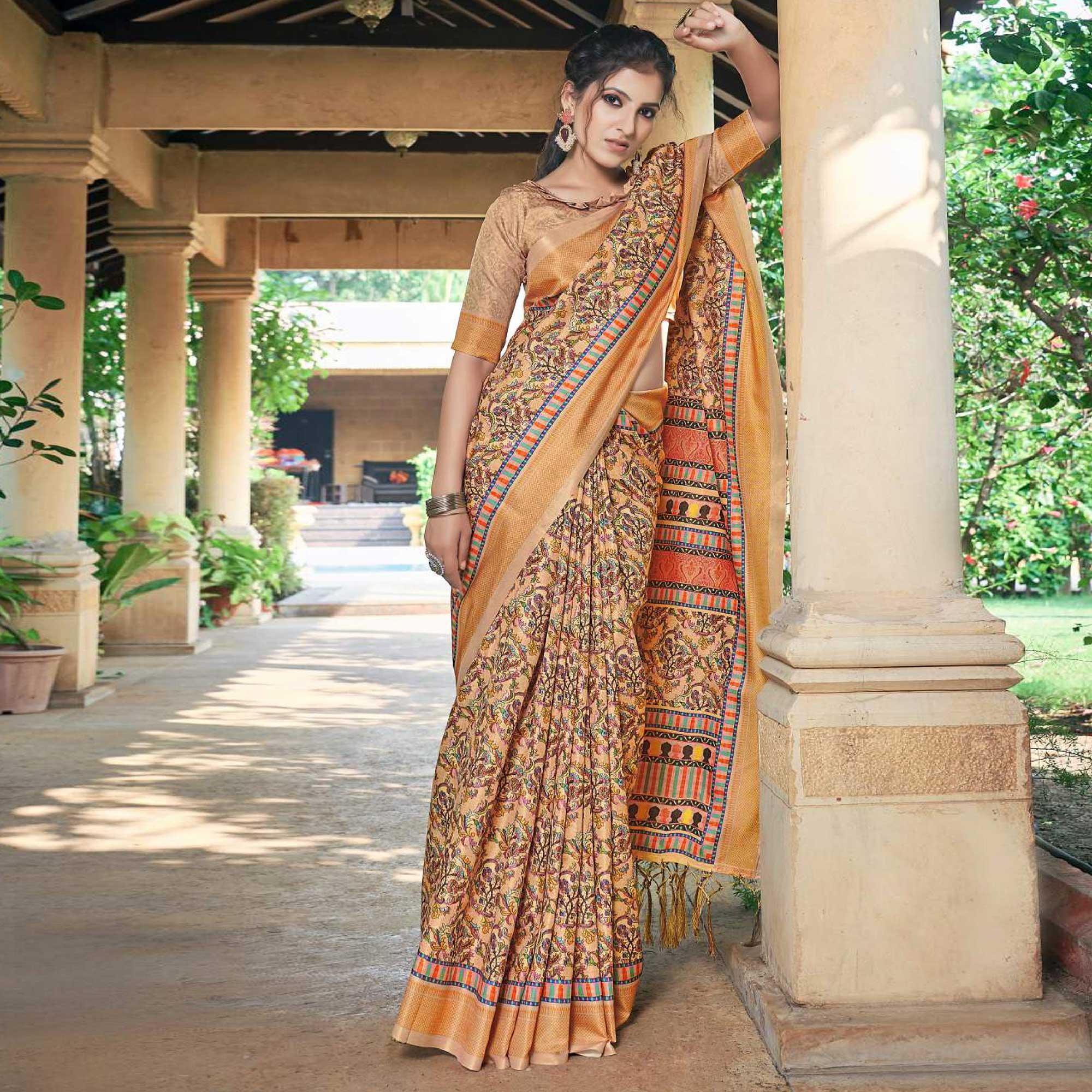 Cream Casual Wear Printed Silk Saree - Peachmode