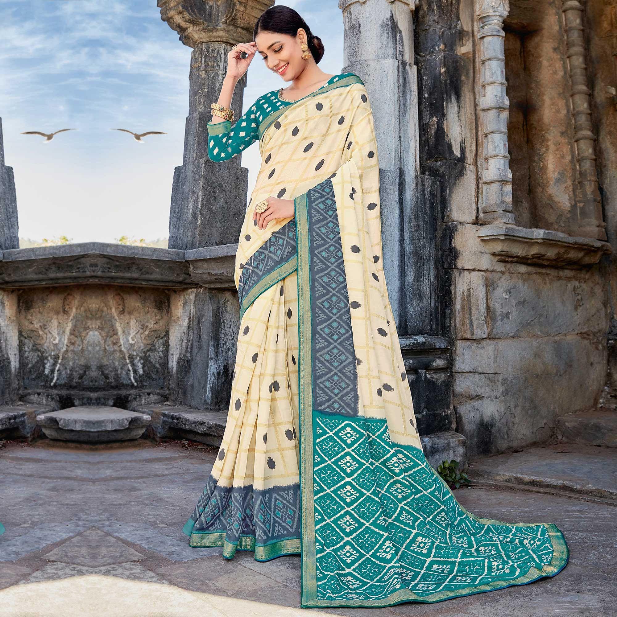Cream Casual Wear Printed Tussar Silk Saree - Peachmode