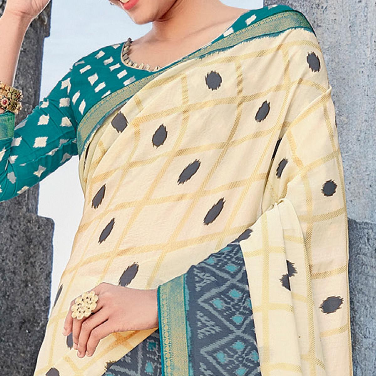 Cream Casual Wear Printed Tussar Silk Saree - Peachmode