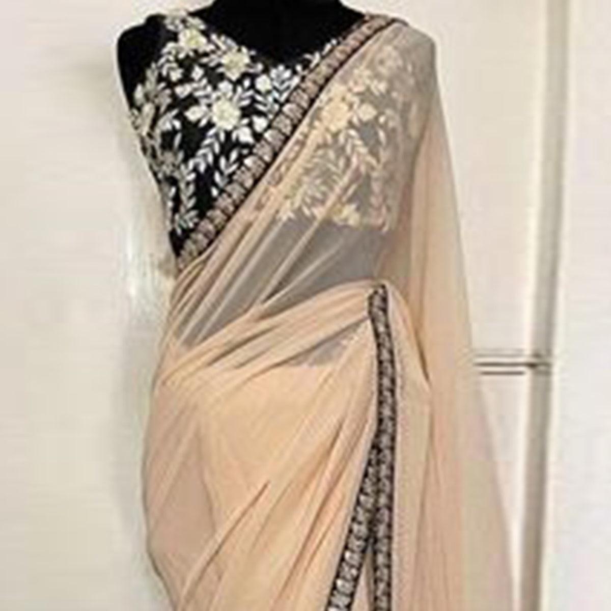 Cream Casual Wear Sequence Embroidered Georgette Saree - Peachmode