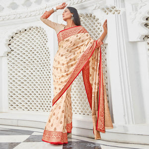 Cream Casual Wear Woven Cotton Handloom Saree - Peachmode