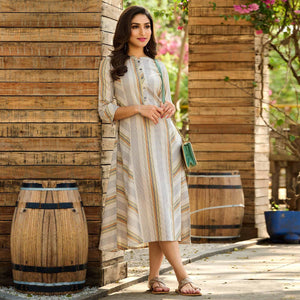 Cream Checks Printed Pure Cotton Dress - Peachmode