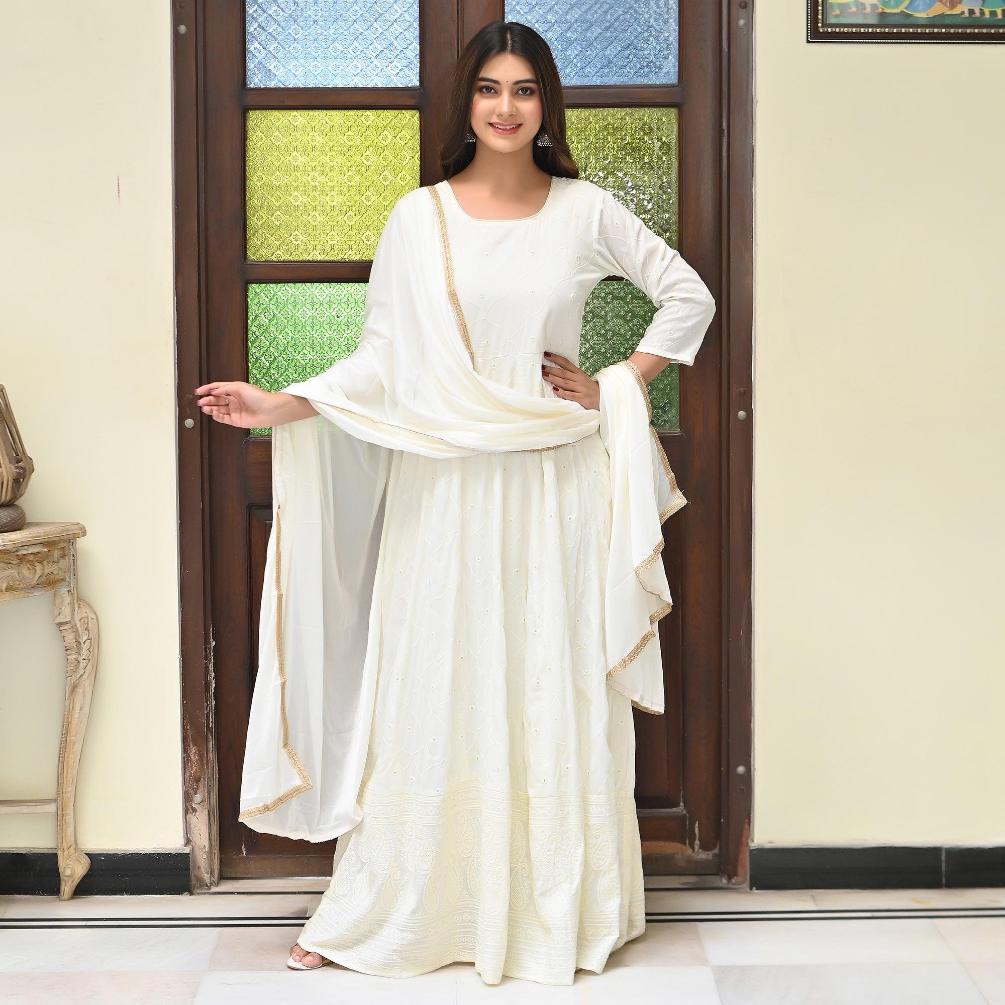 Cream Chikankari Embroidered Georgette Gown - Peachmode