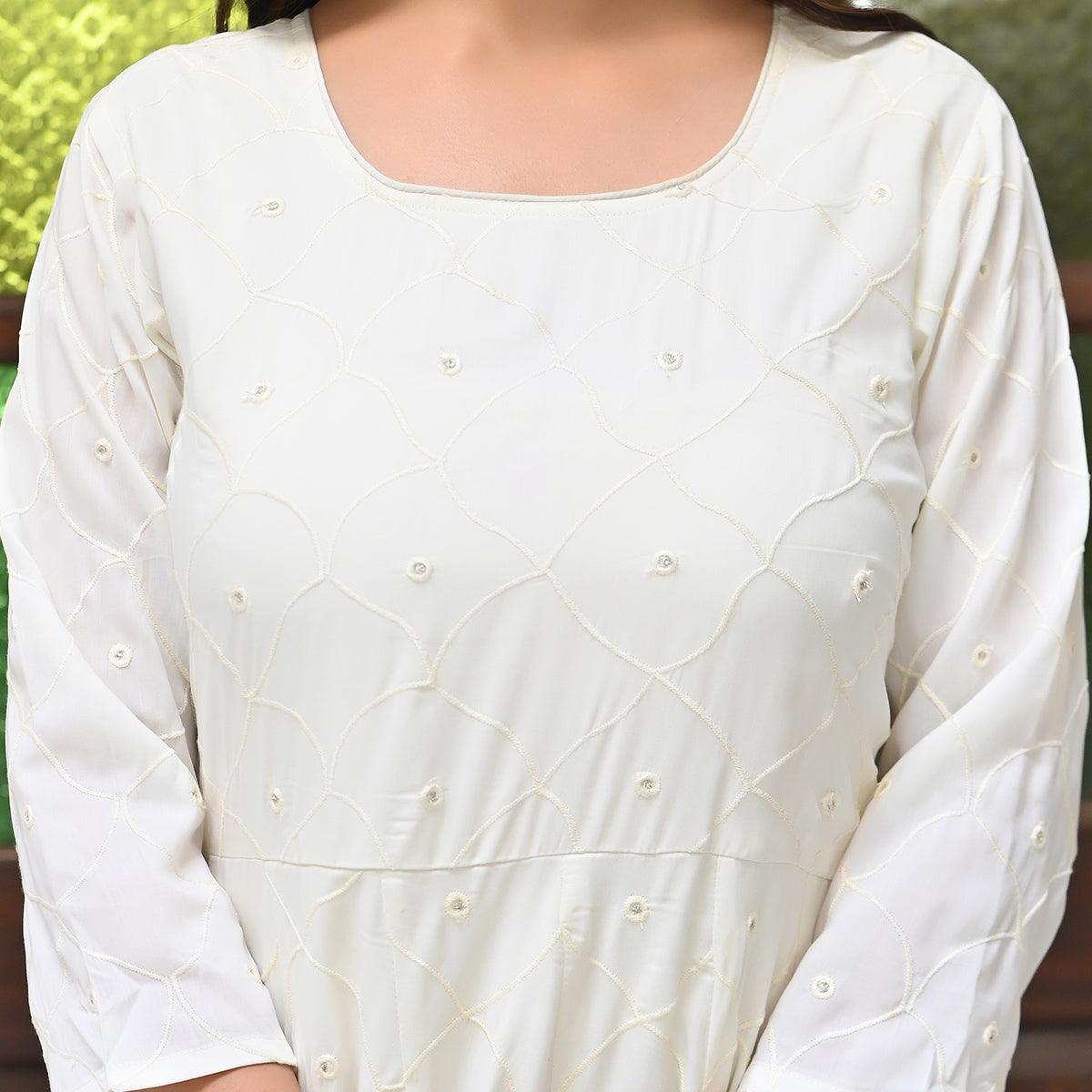 Cream Chikankari Embroidered Georgette Gown - Peachmode