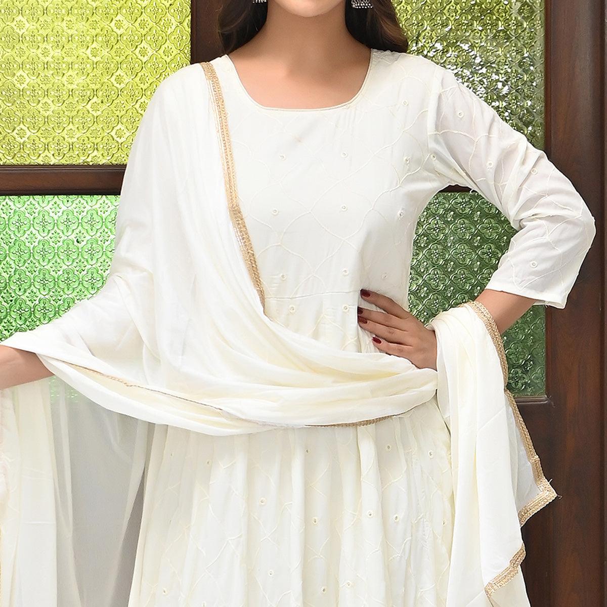 Cream Chikankari Embroidered Georgette Gown - Peachmode