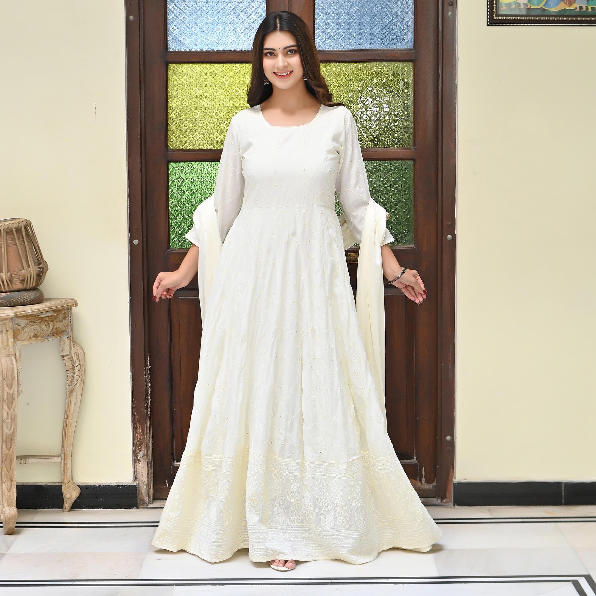 Cream Chikankari Embroidered Georgette Gown - Peachmode