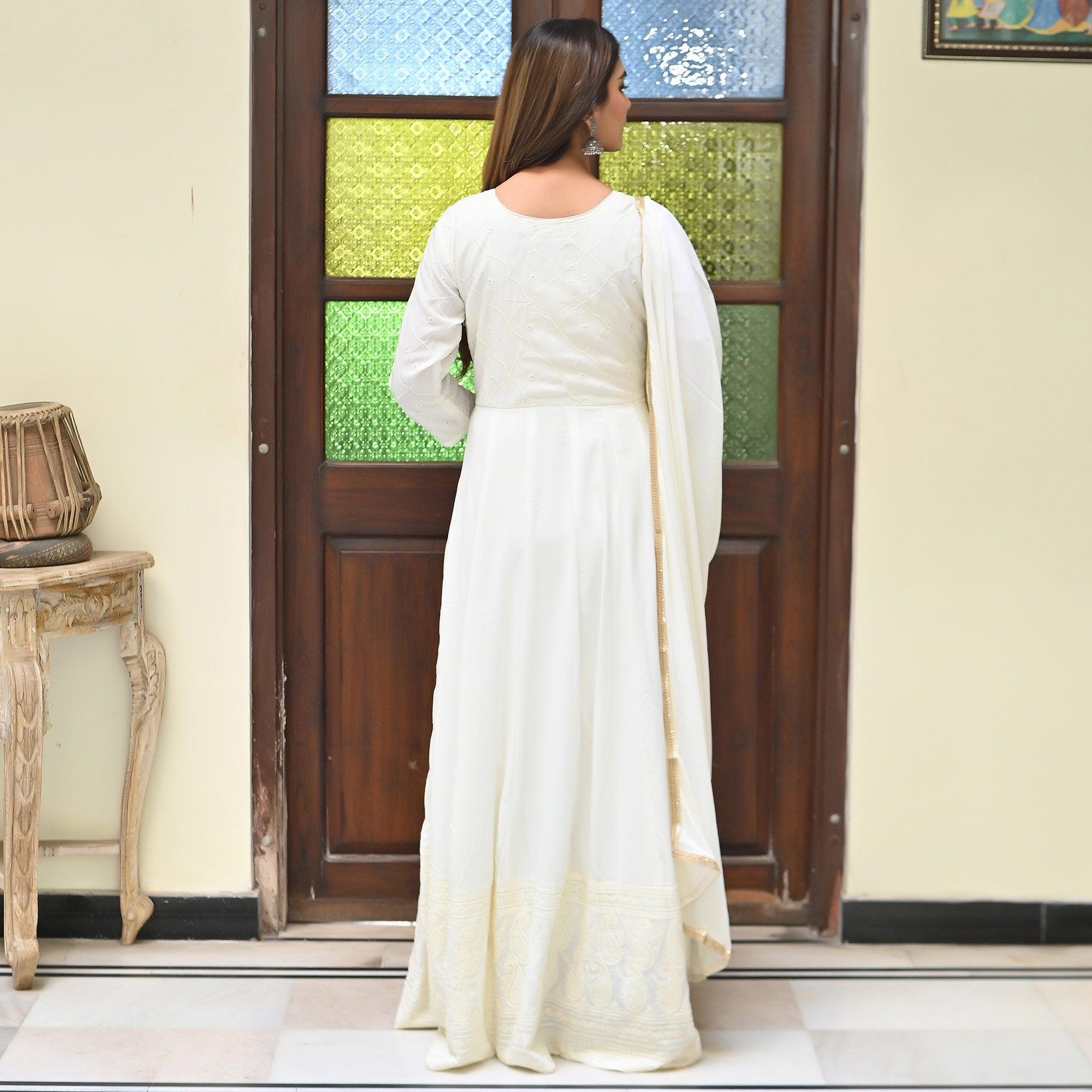 Cream Chikankari Embroidered Georgette Gown - Peachmode