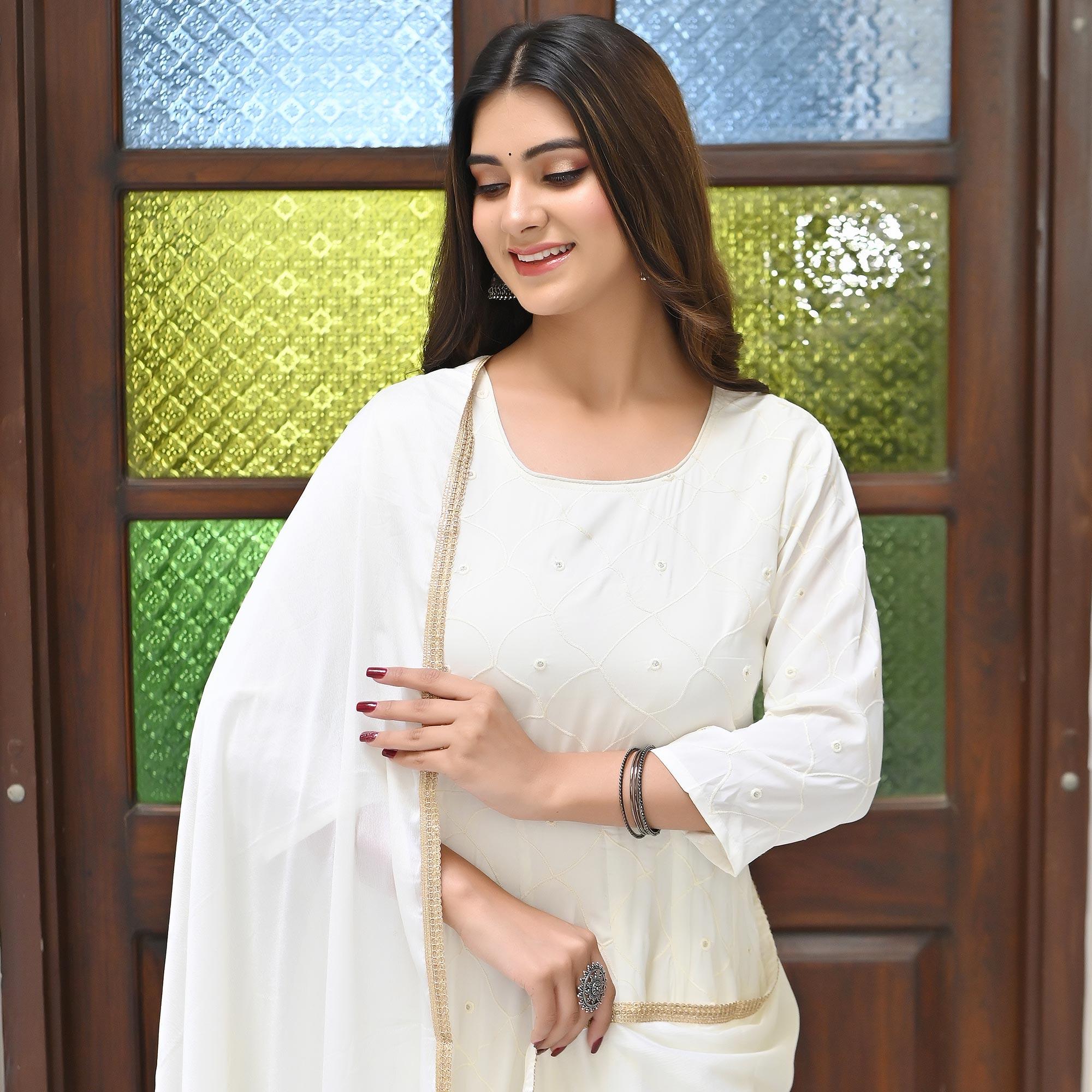 Cream Chikankari Embroidered Georgette Gown - Peachmode