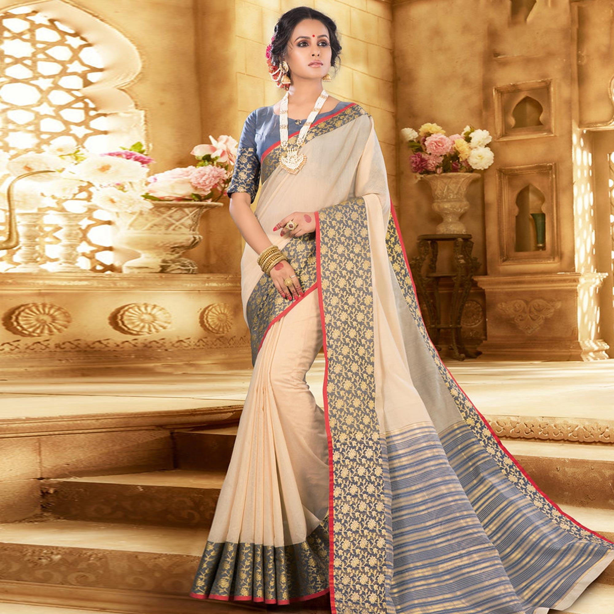Cream Colored Festive Wear Woven Jute Saree - Peachmode