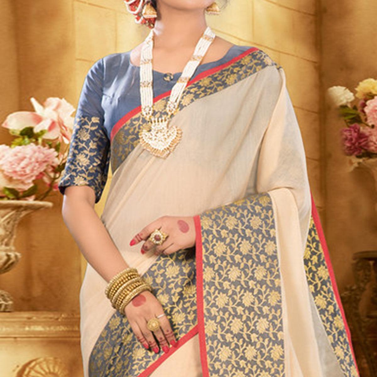 Cream Colored Festive Wear Woven Jute Saree - Peachmode