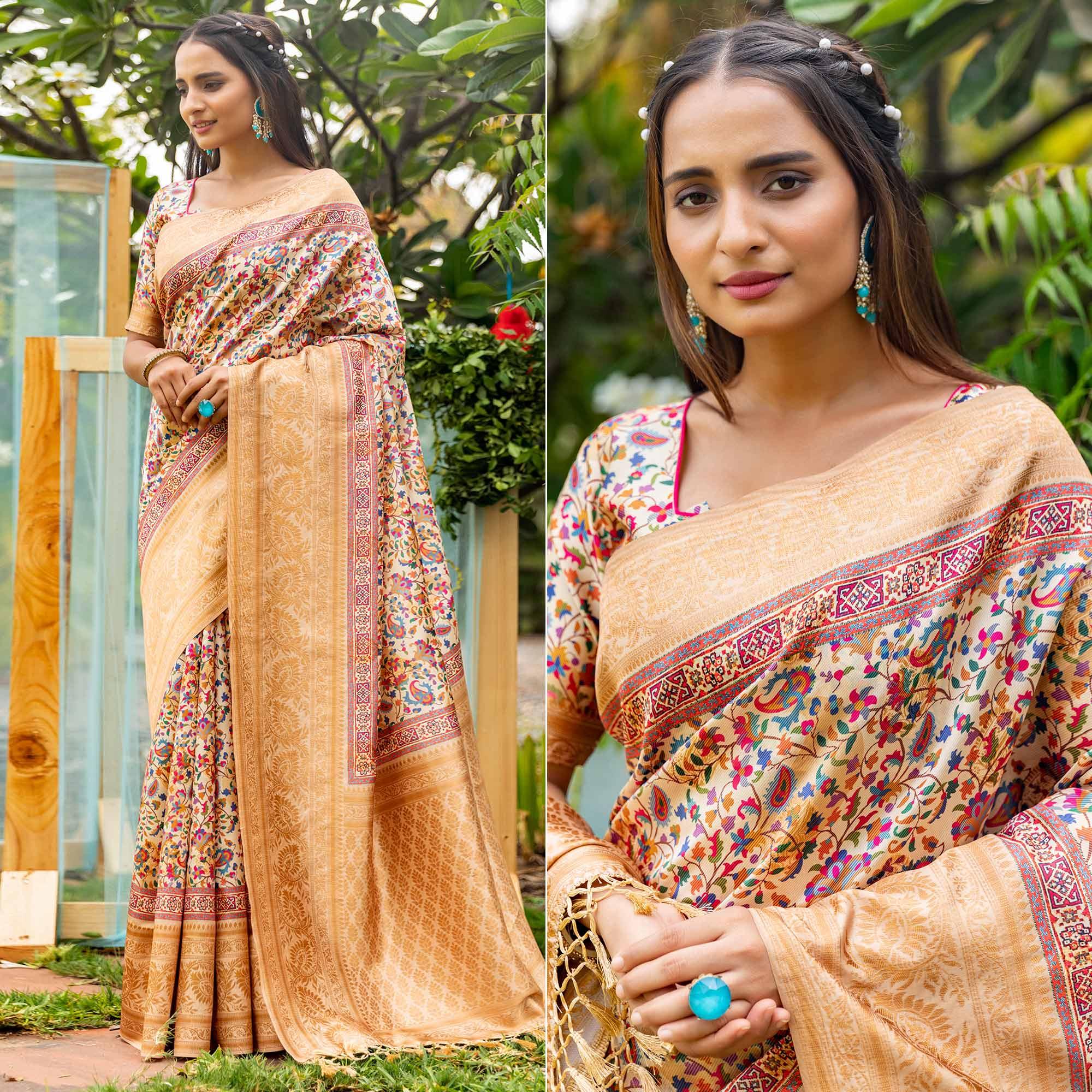 Cream Digital Printed Art Silk Saree - Peachmode