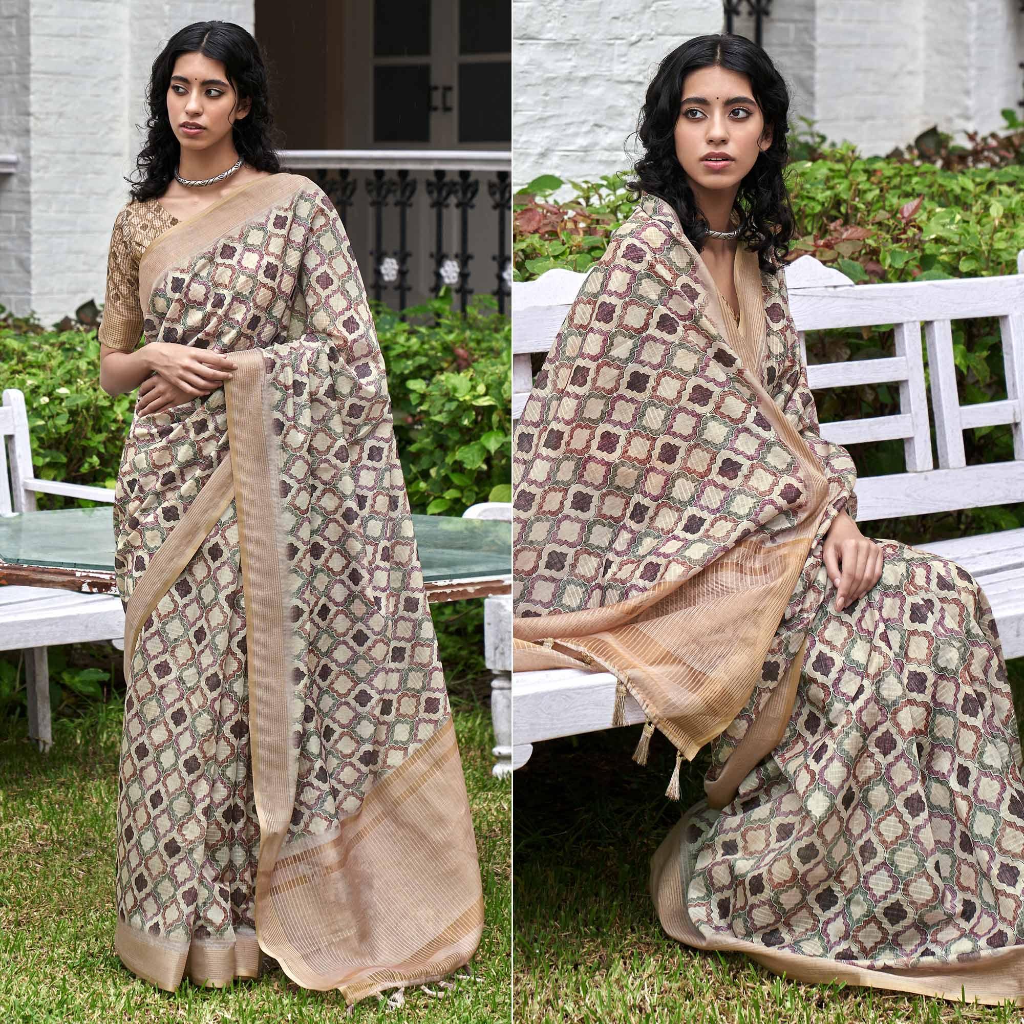Cream Digital Printed Art Silk Saree - Peachmode