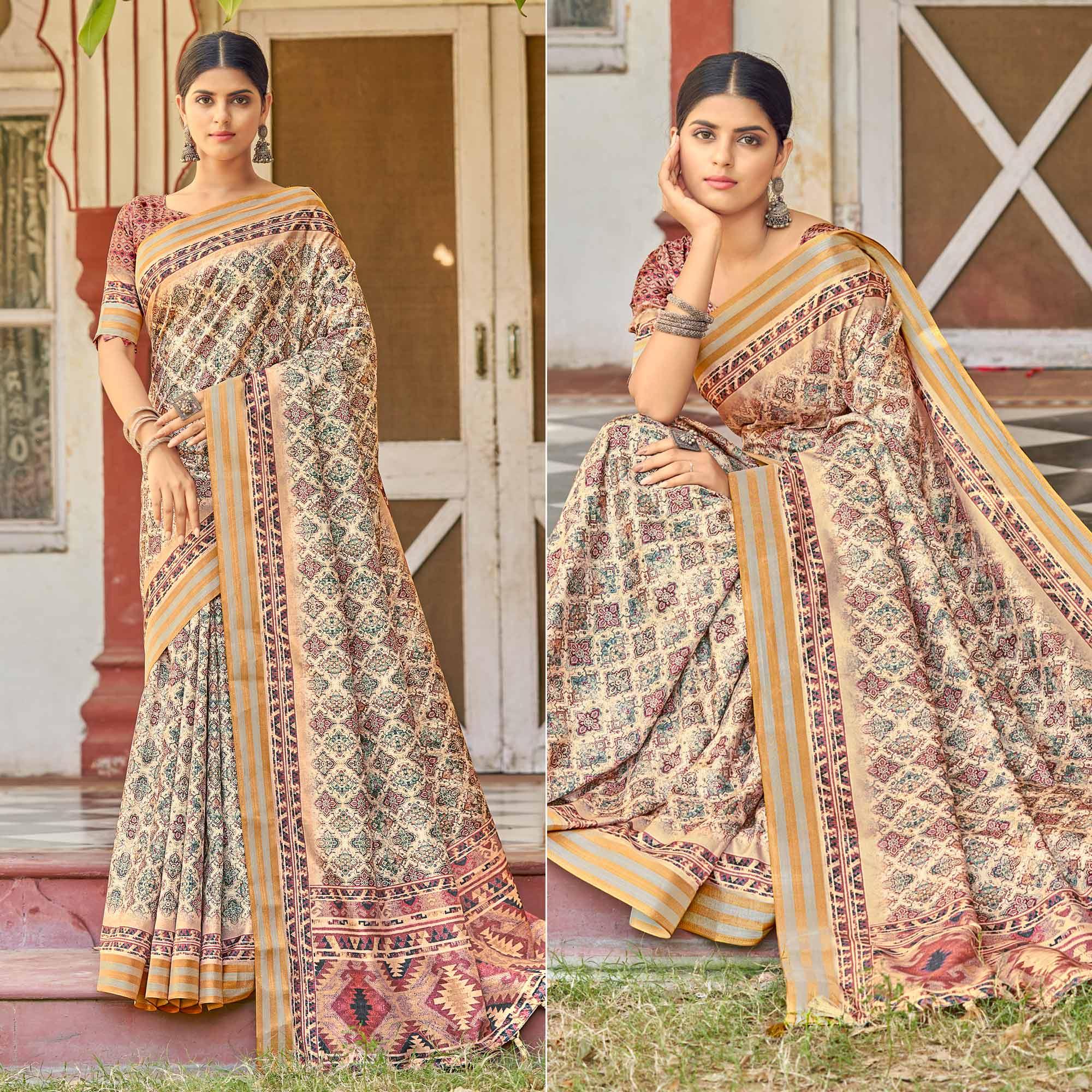 Cream Digital Printed Art Silk Saree - Peachmode