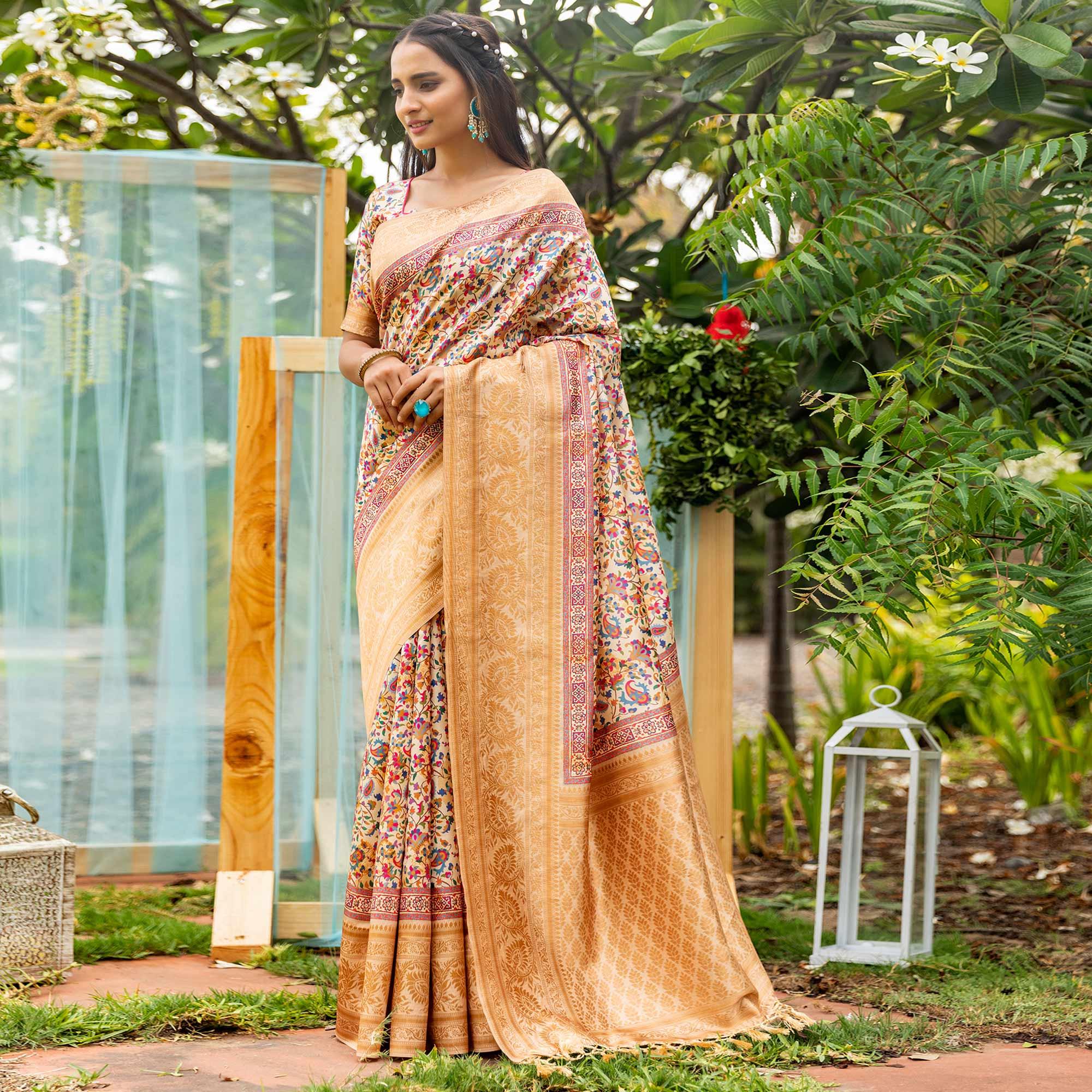 Cream Digital Printed Art Silk Saree - Peachmode