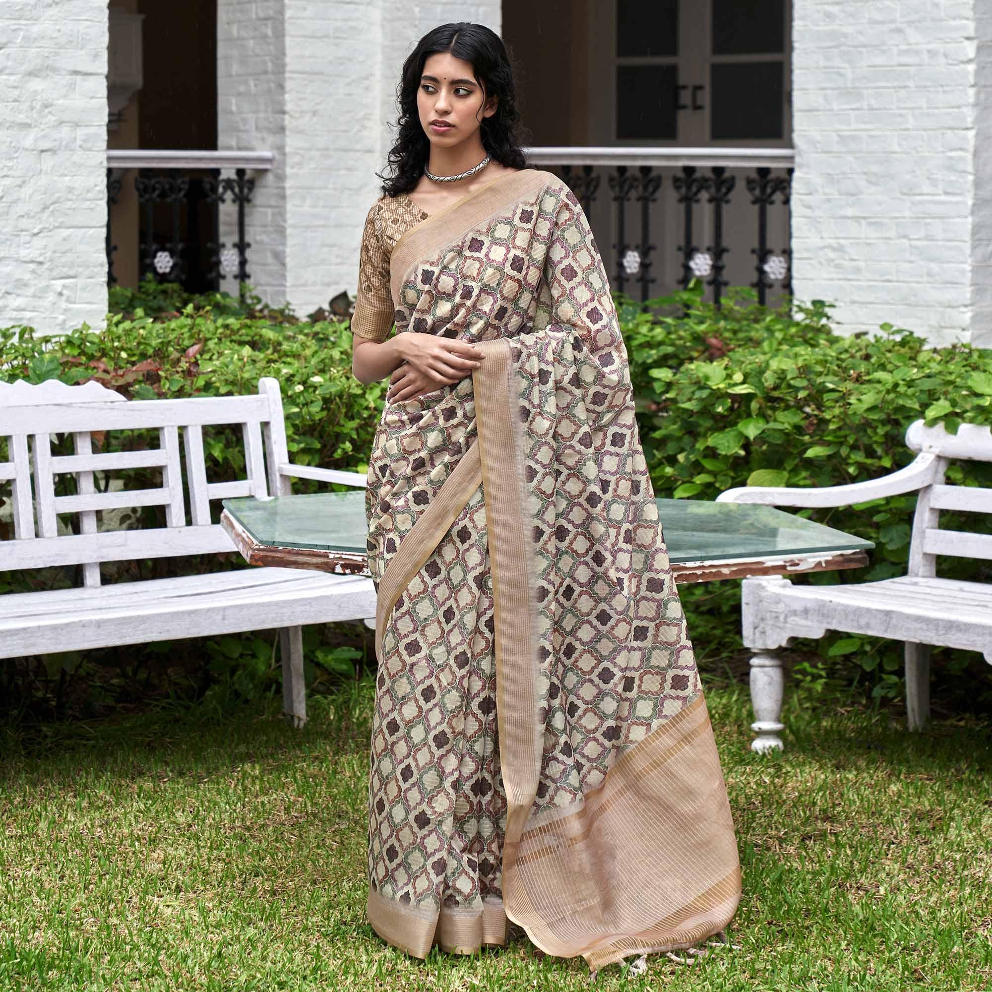 Cream Digital Printed Art Silk Saree - Peachmode