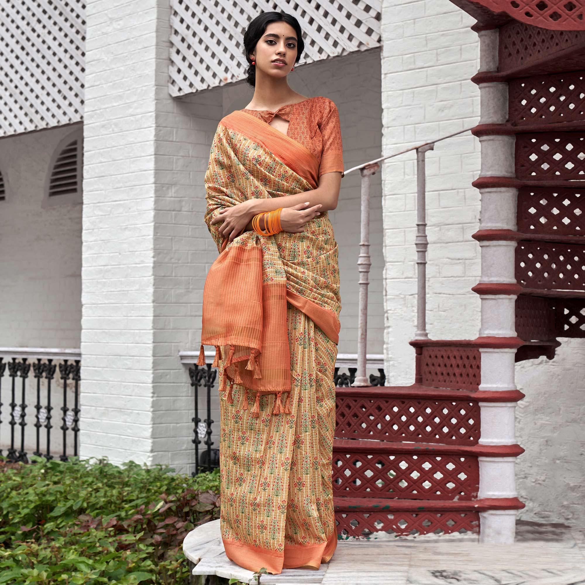 Cream Digital Printed Art Silk Saree - Peachmode