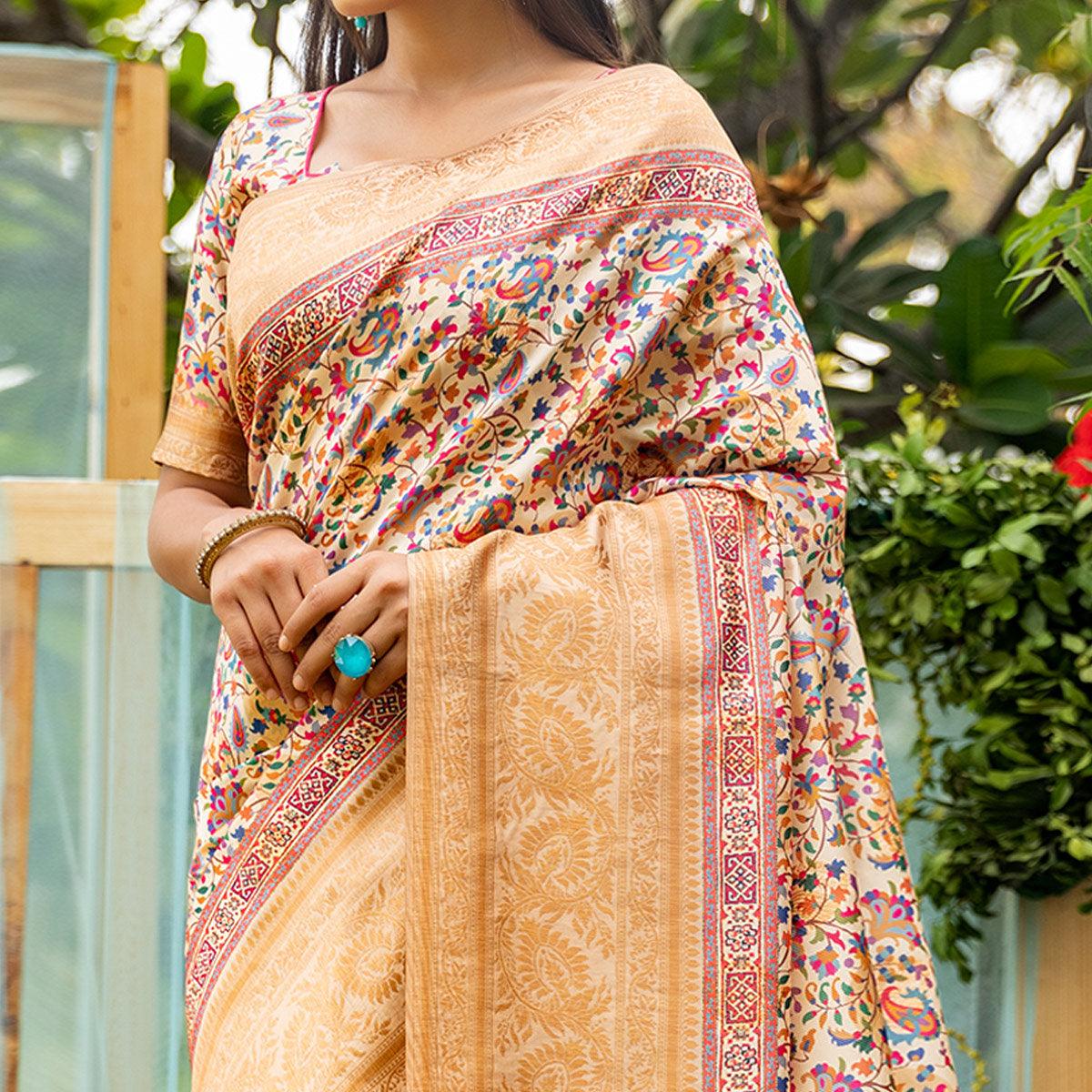 Cream Digital Printed Art Silk Saree - Peachmode