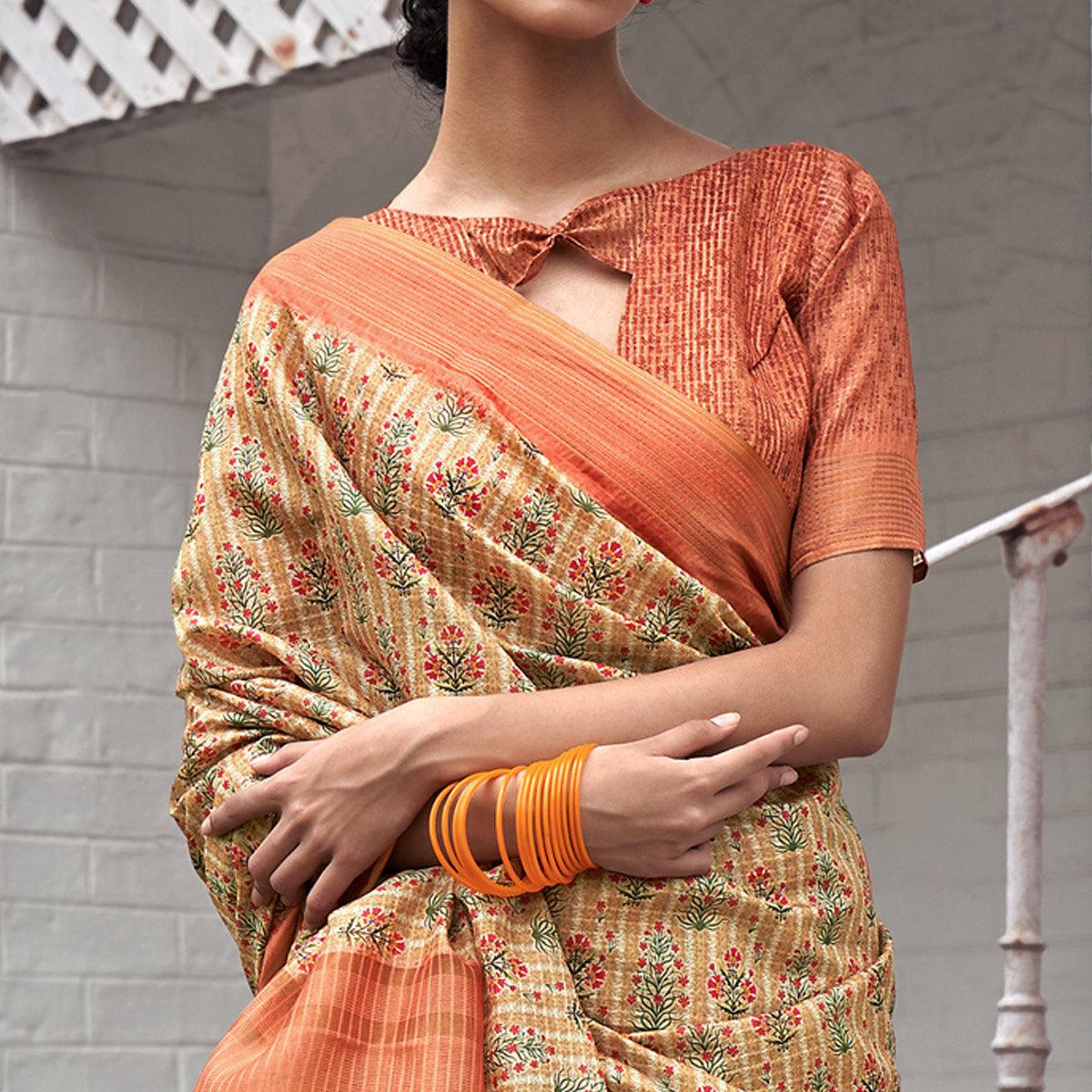 Cream Digital Printed Art Silk Saree - Peachmode