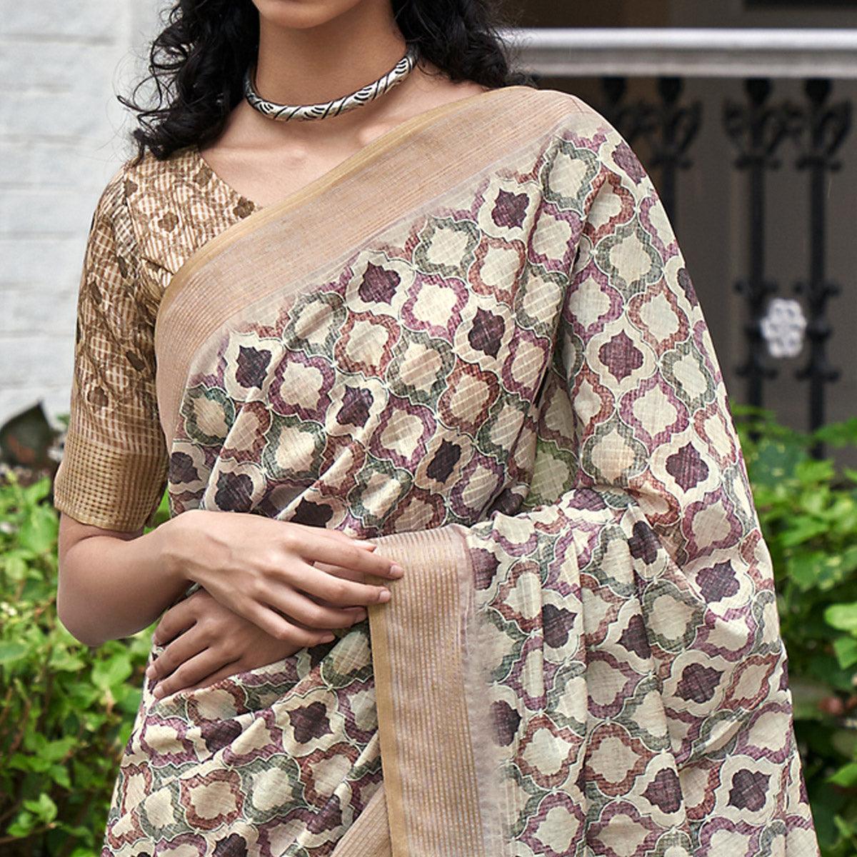 Cream Digital Printed Art Silk Saree - Peachmode
