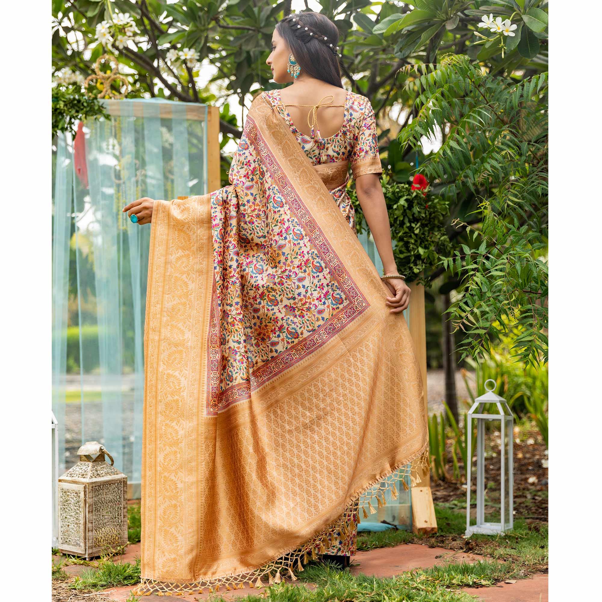 Cream Digital Printed Art Silk Saree - Peachmode