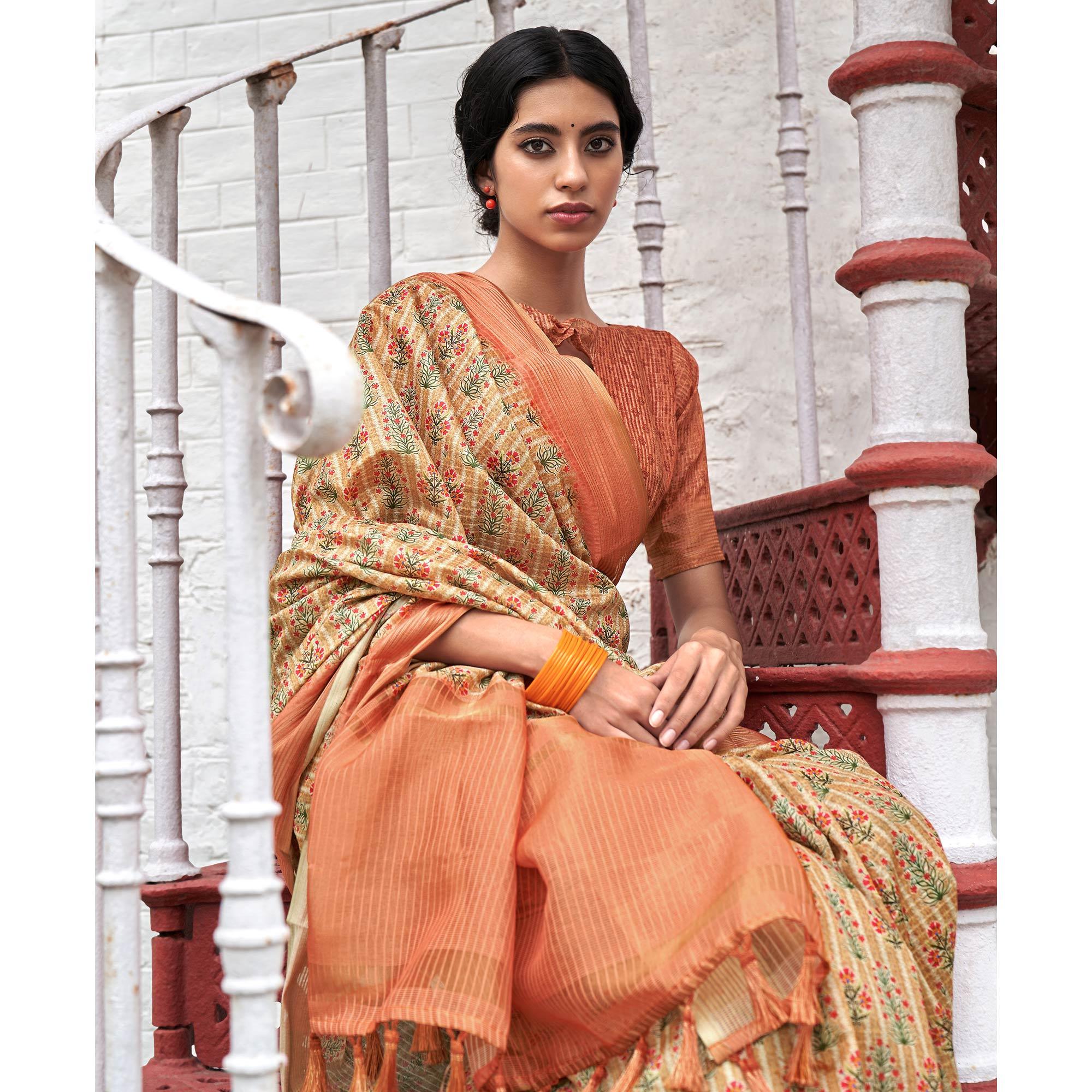 Cream Digital Printed Art Silk Saree - Peachmode