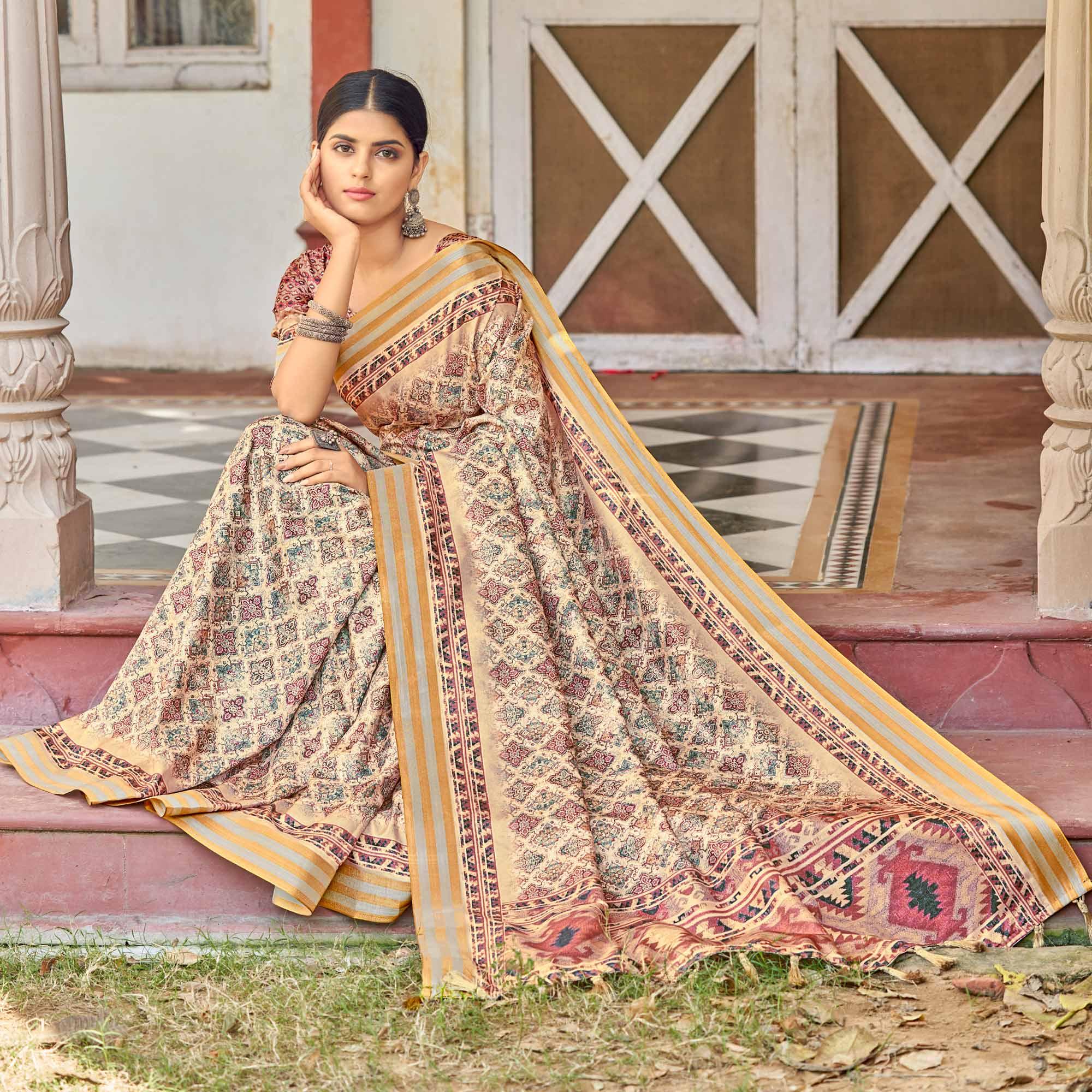 Cream Digital Printed Art Silk Saree - Peachmode