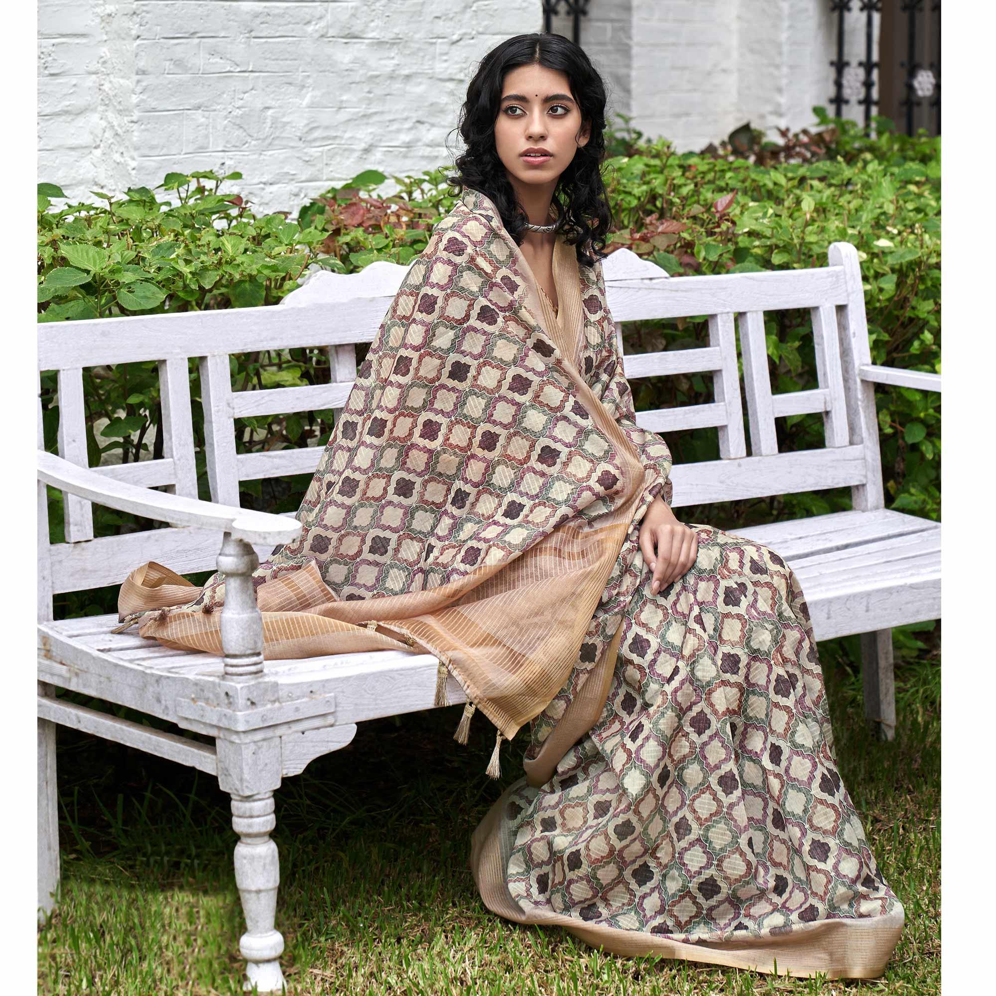 Cream Digital Printed Art Silk Saree - Peachmode
