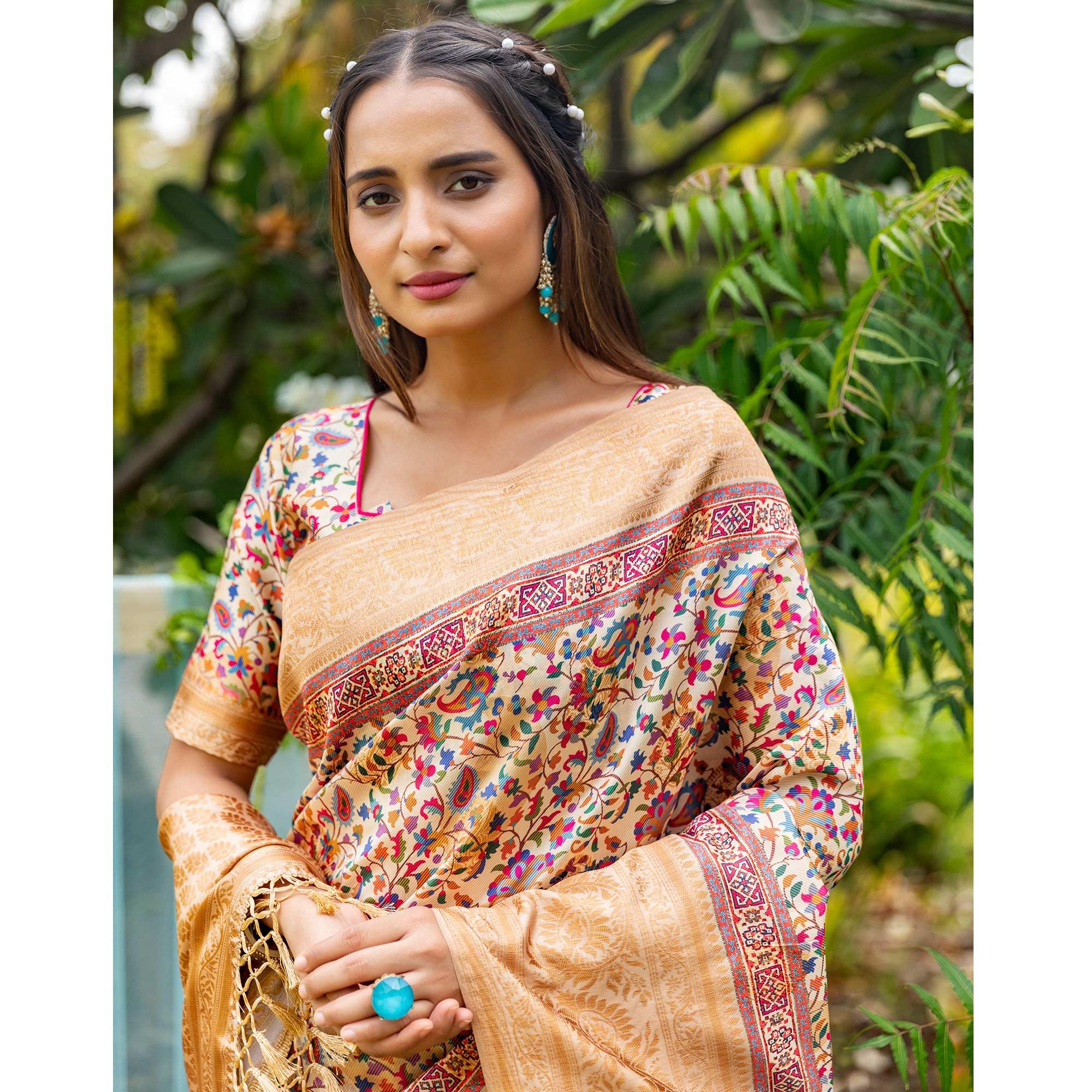 Cream Digital Printed Art Silk Saree - Peachmode