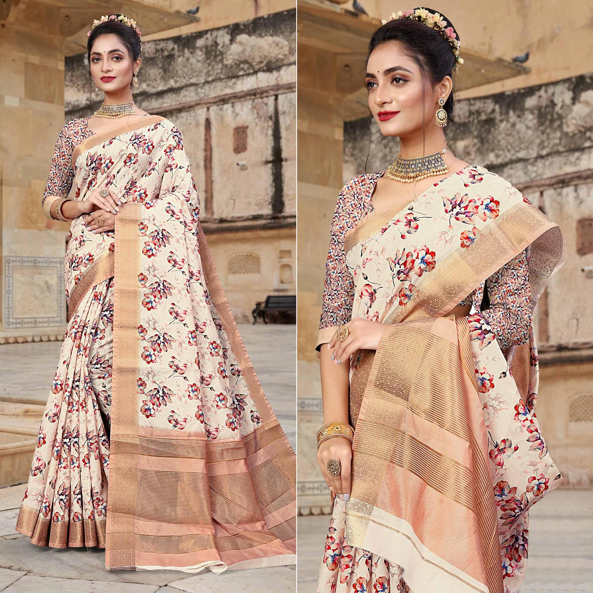 Cream Digital Printed Dola Silk Saree - Peachmode