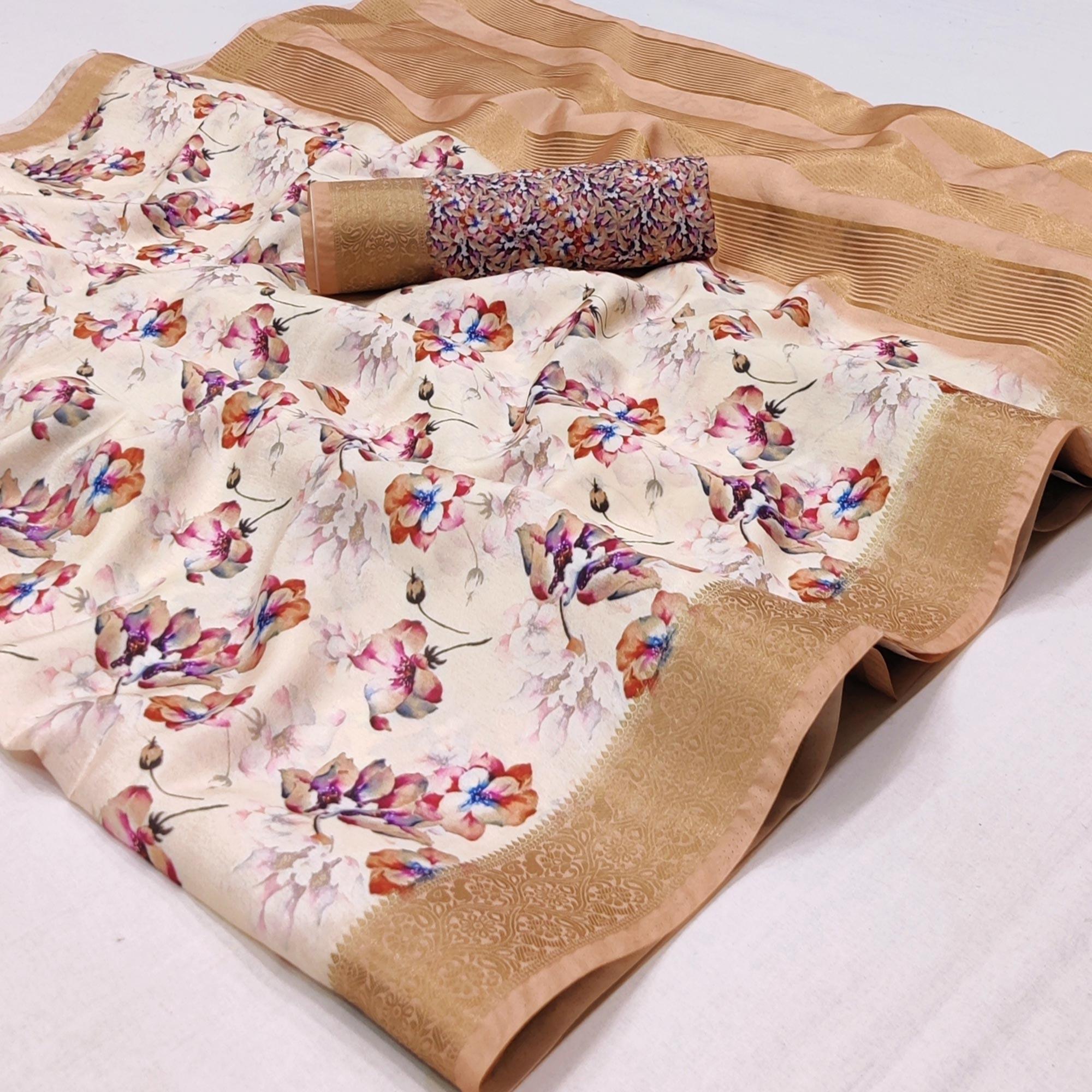 Cream Digital Printed Dola Silk Saree - Peachmode