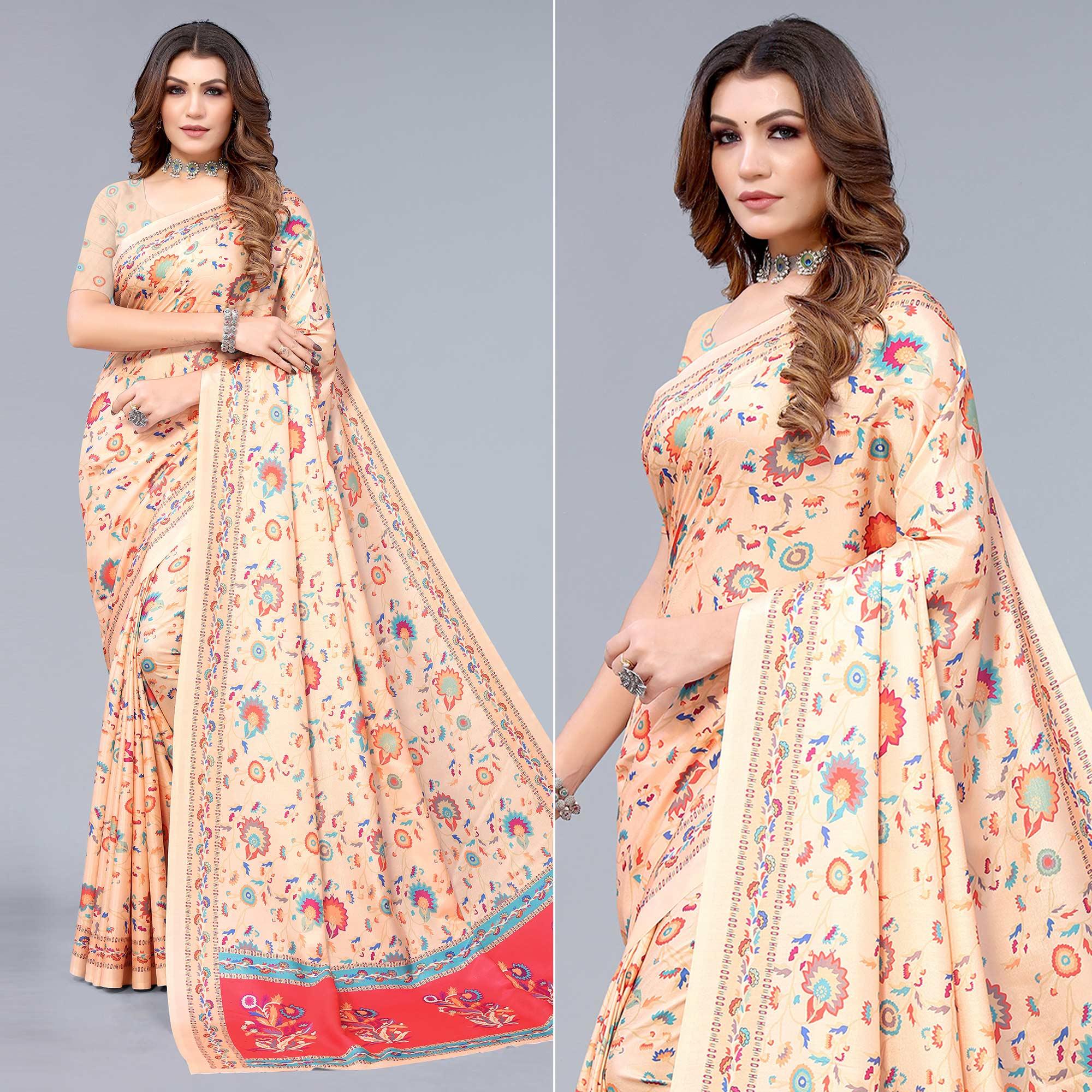 Cream Digital Printed Dola Silk Saree - Peachmode