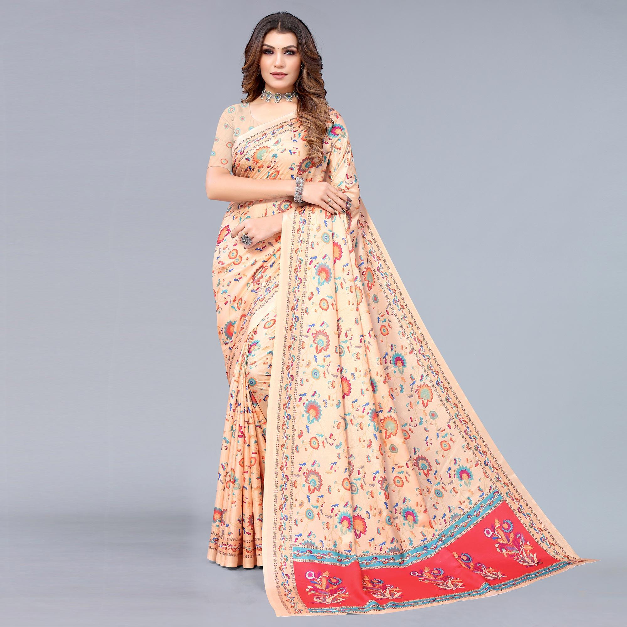 Cream Digital Printed Dola Silk Saree - Peachmode