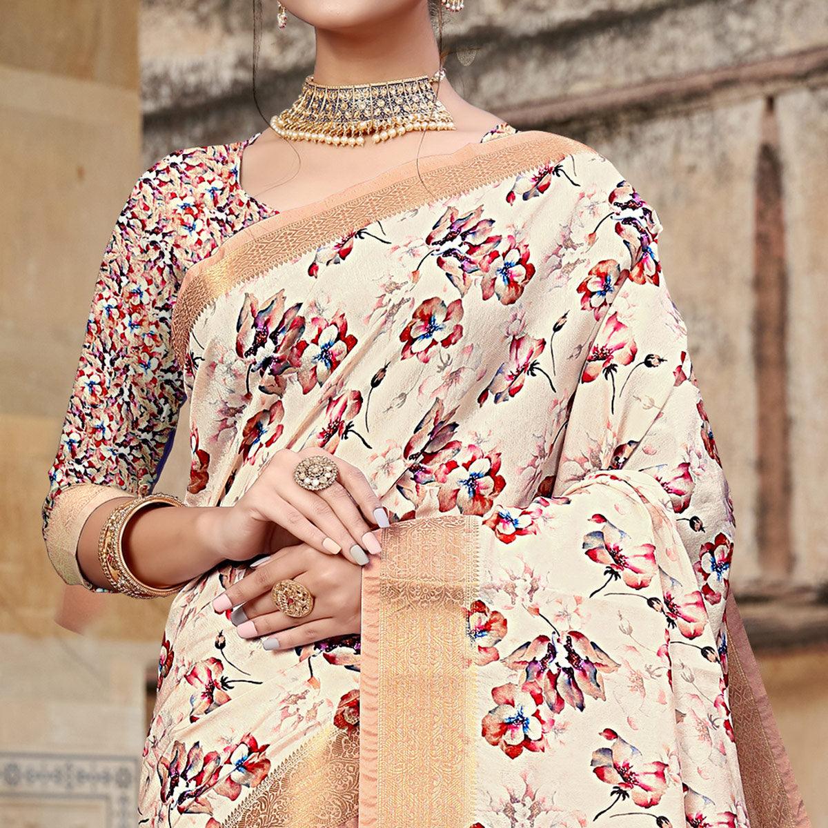 Cream Digital Printed Dola Silk Saree - Peachmode