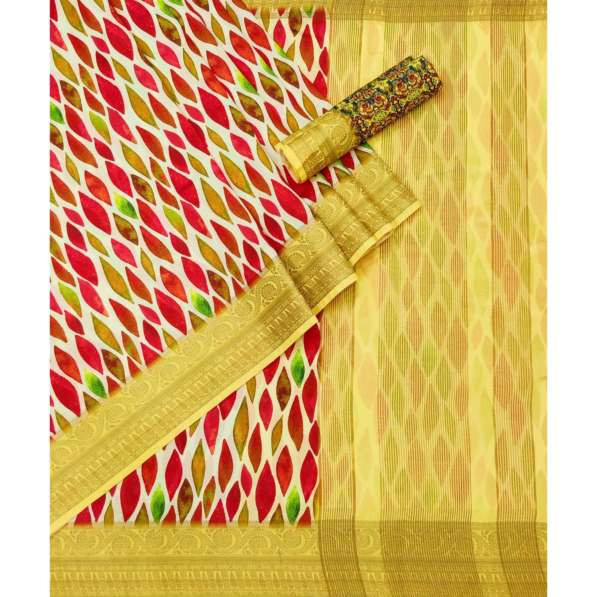 Cream Digital Printed Dola Silk Saree - Peachmode